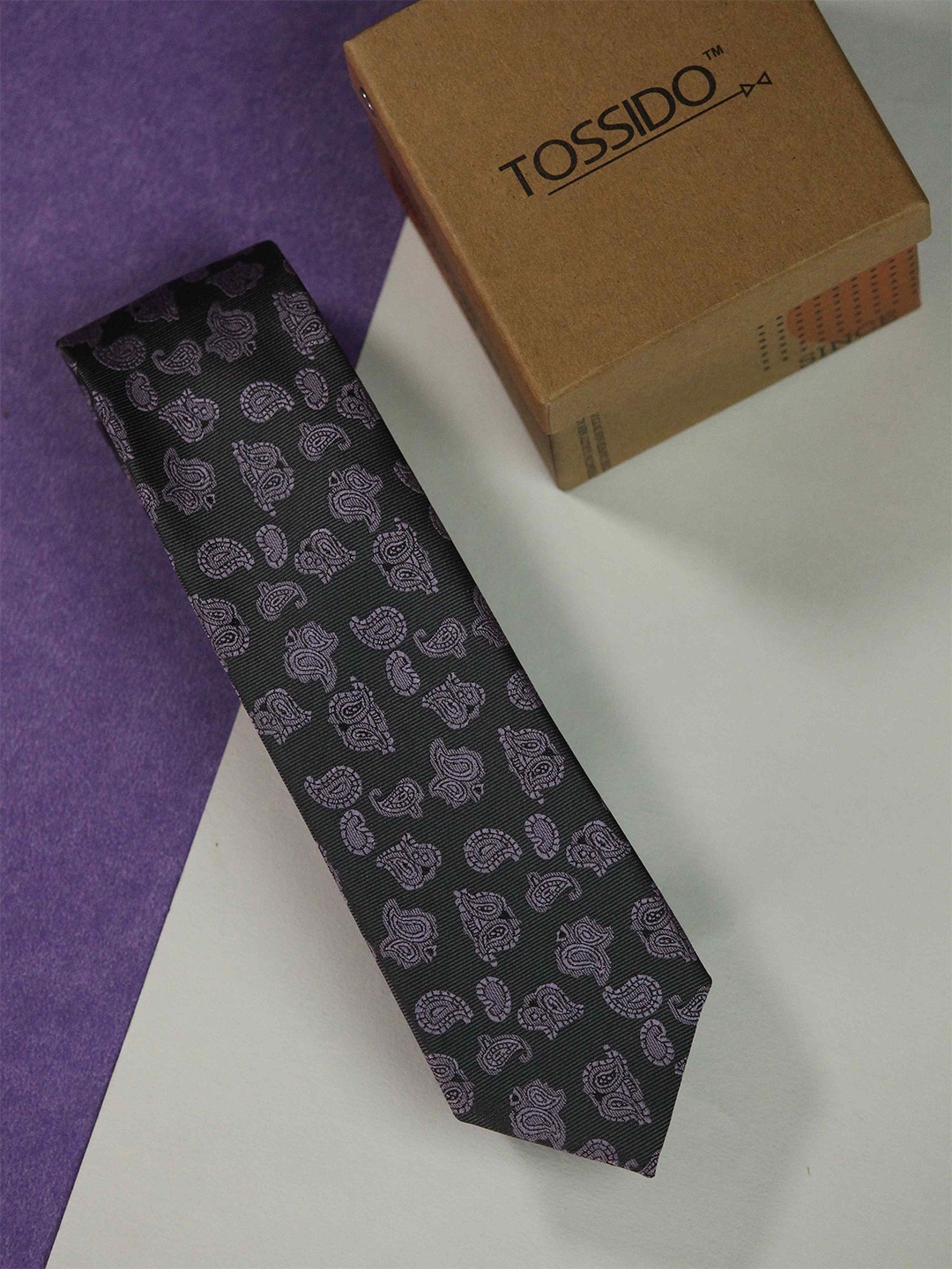 

Tossido Men Woven Design Skinny Tie, Grey