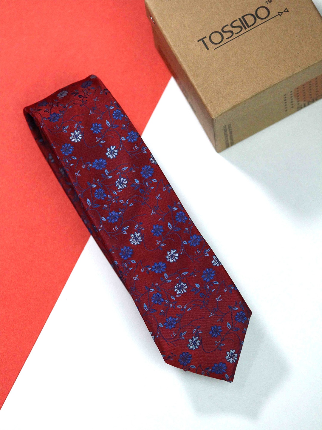 

Tossido Men Woven Design Skinny Tie, Red