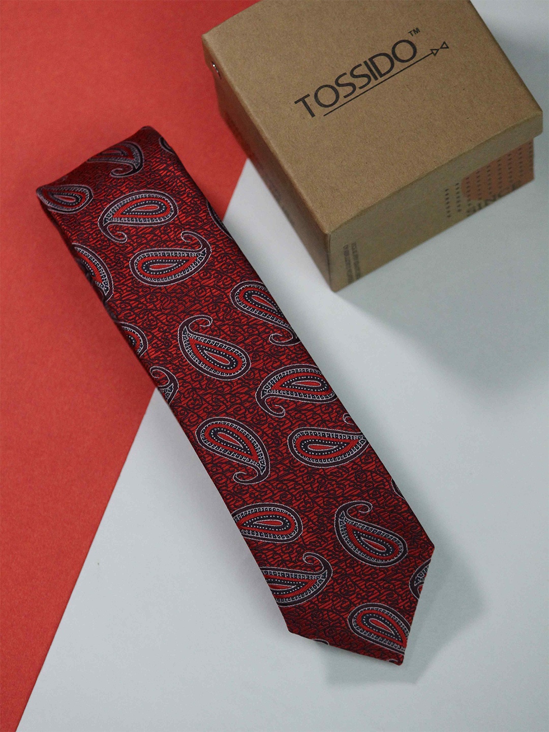 

Tossido Men Woven Design Skinny Tie, Maroon