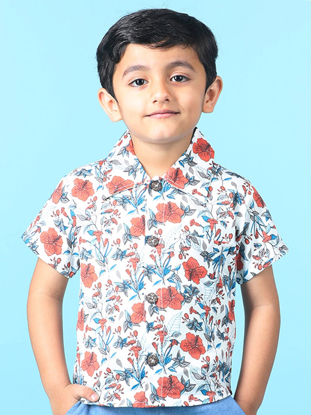 

Cutiekins Boys Short Sleeves Spread Collar Cotton Floral Opaque Printed Casual Shirt, Off white