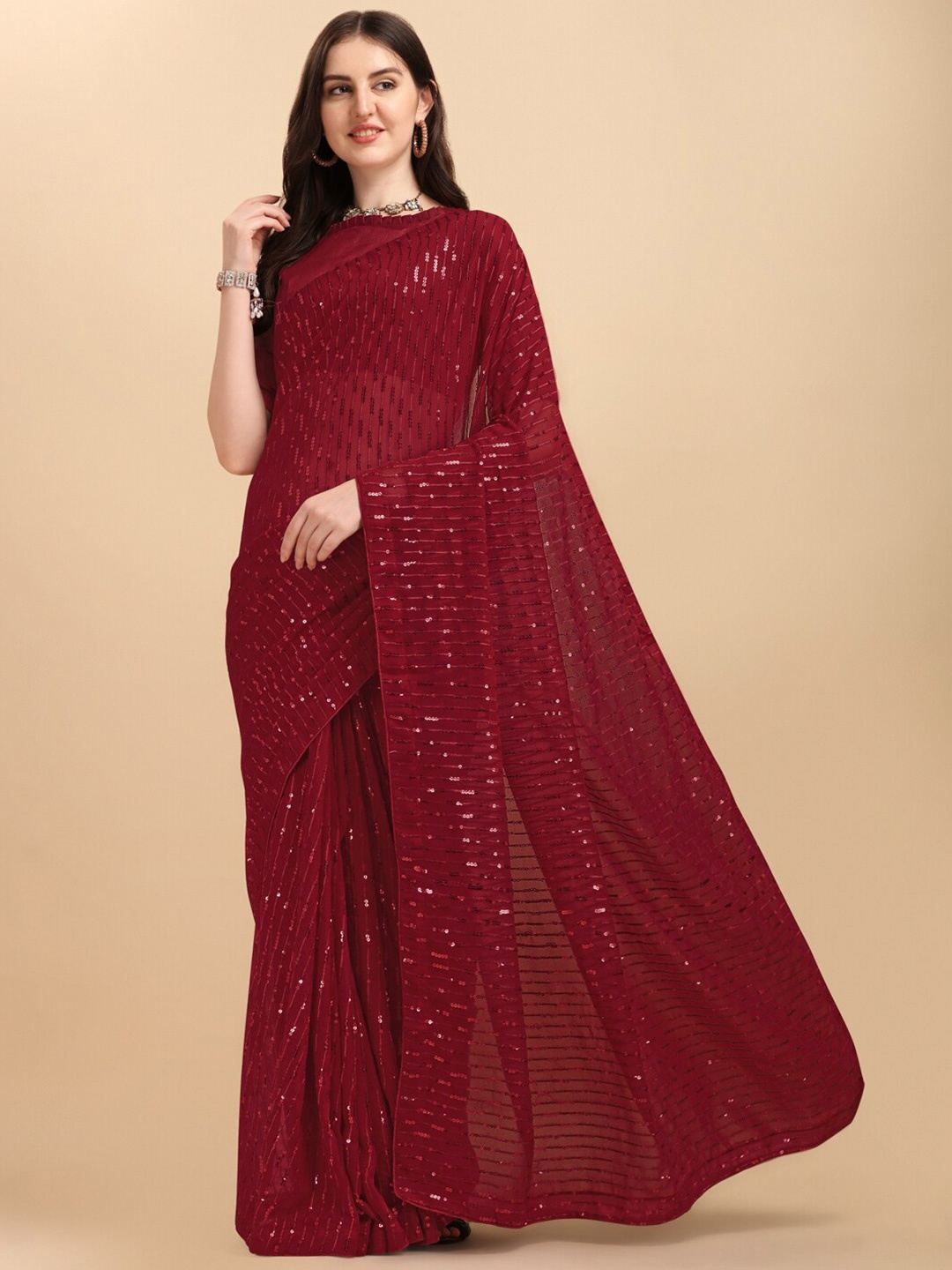 

Amrutam Fab Embellished Sequinned Pure Georgette Saree, Maroon