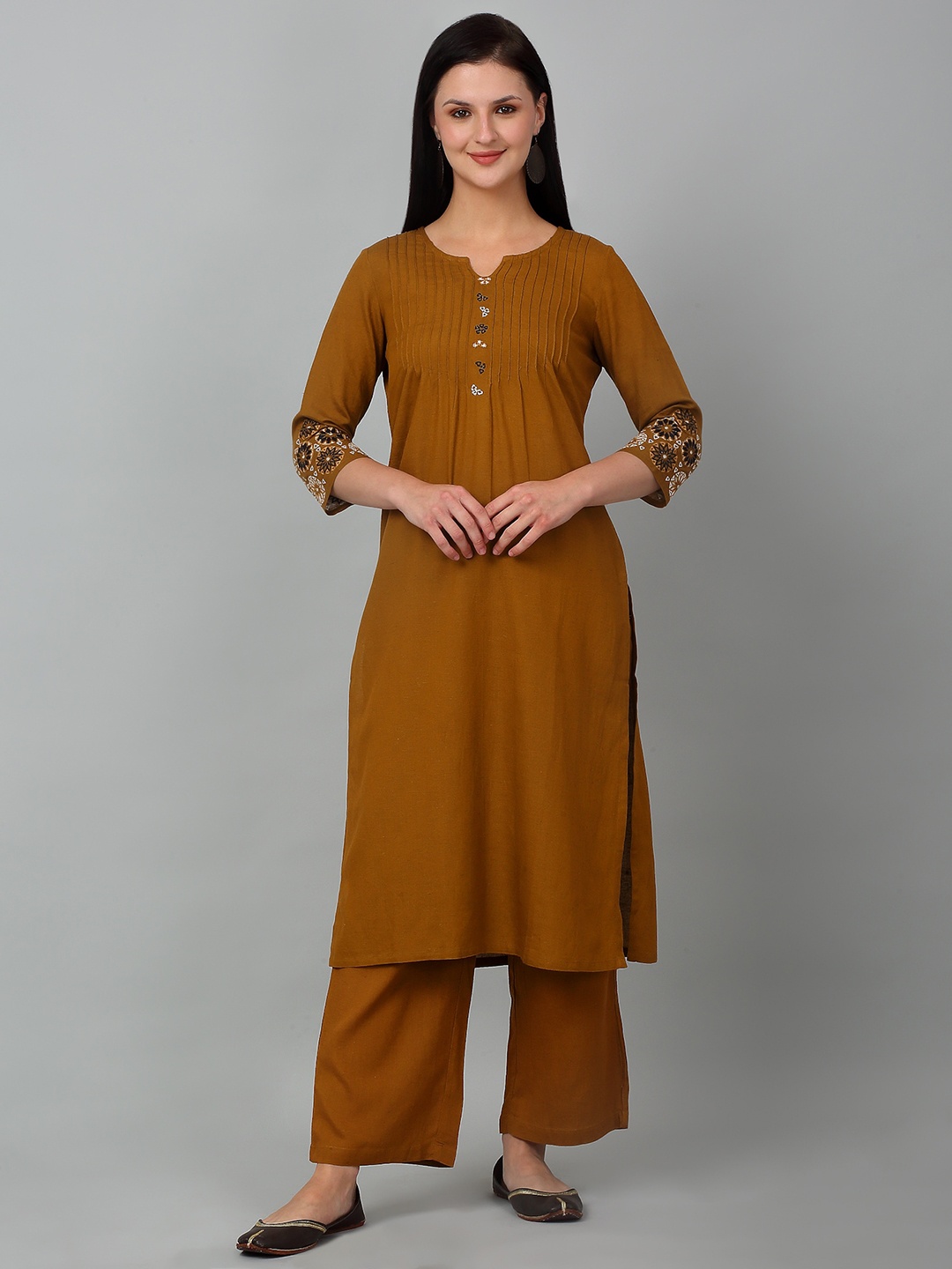 

Cantabil Round Neck Regular Thread Work Kurta with Palazzos, Brown