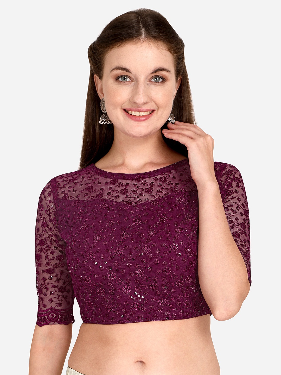 

Amrutam Fab Embroidered Sequinned Silk Saree Blouse, Purple