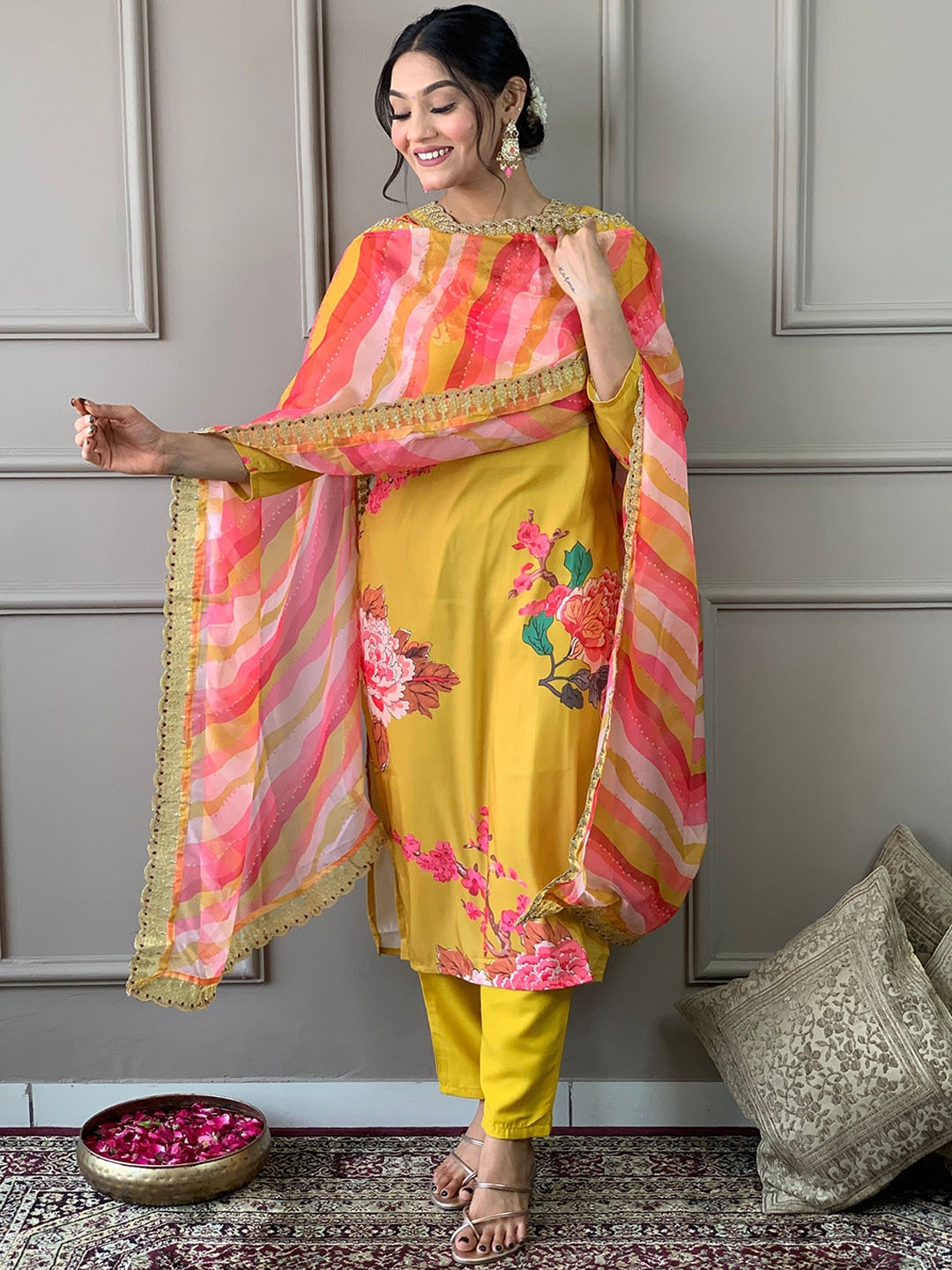 

KALINI Floral Printed Sequinned Kurta with Trousers & With Dupatta, Yellow