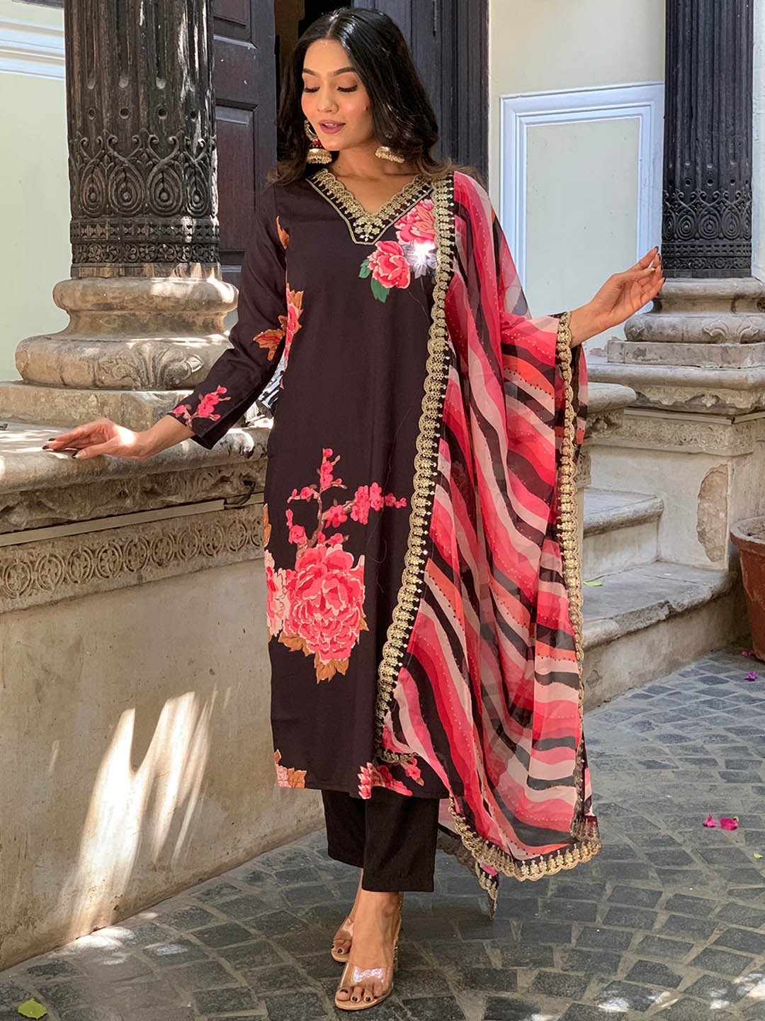 

KALINI Floral Printed Sequinned Kurta with Palazzos & With Dupatta, Black
