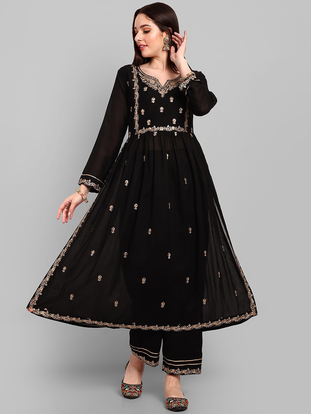 

KALINI Floral Embroidered Pleated Sequinned Kurta with Palazzos, Black