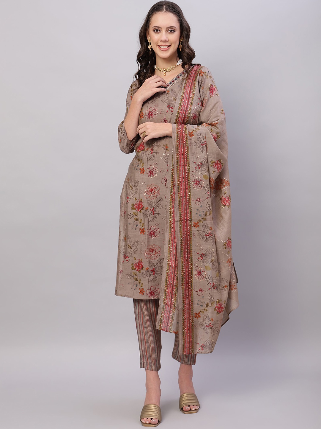 

FLAMBOYANT Floral Printed Thread Work Chanderi Silk Straight Kurta & Trouser With Dupatta, Brown