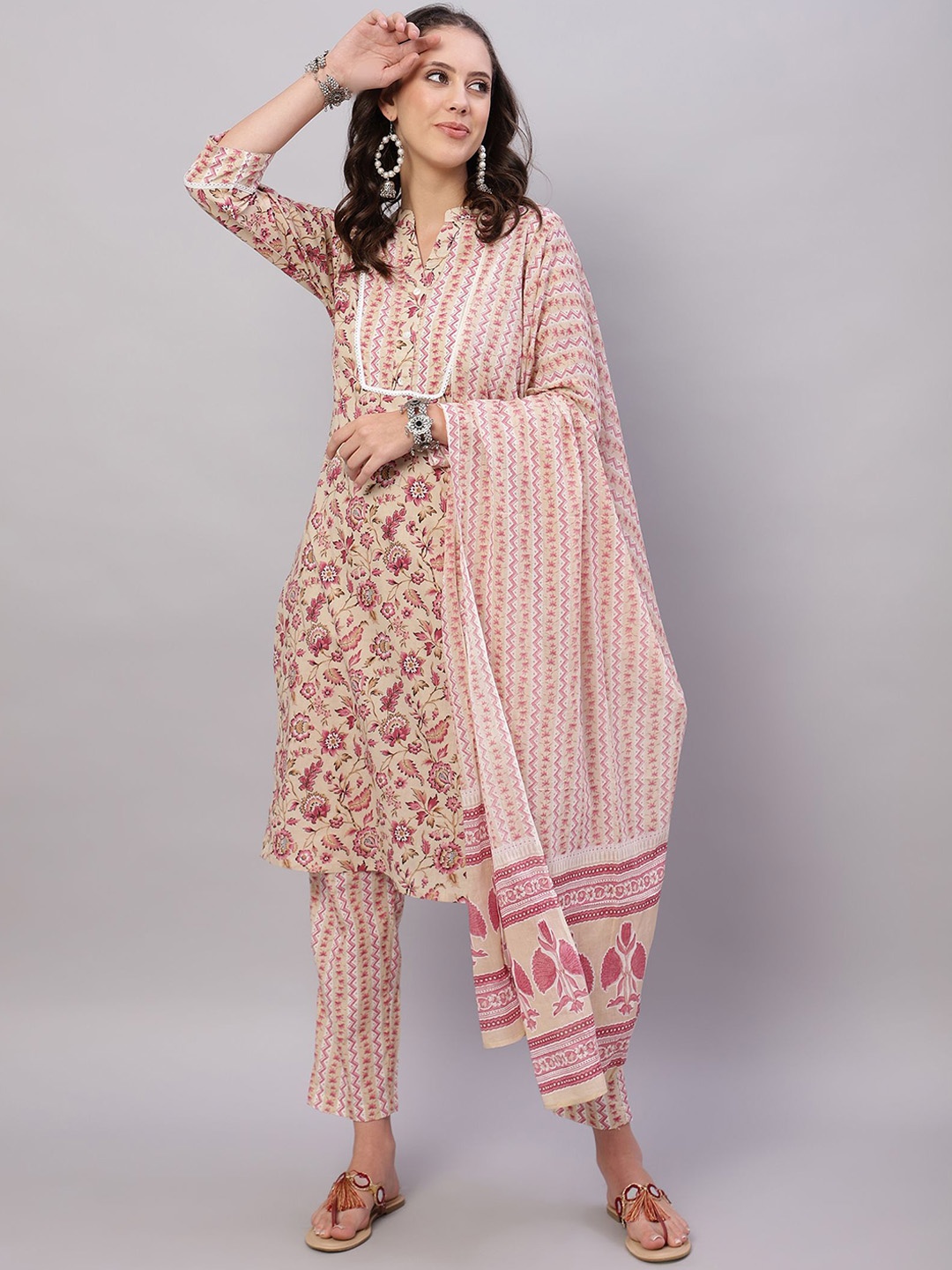 

FLAMBOYANT Floral Printed Pure Cotton Straight Kurta & Trouser With Dupatta, Beige