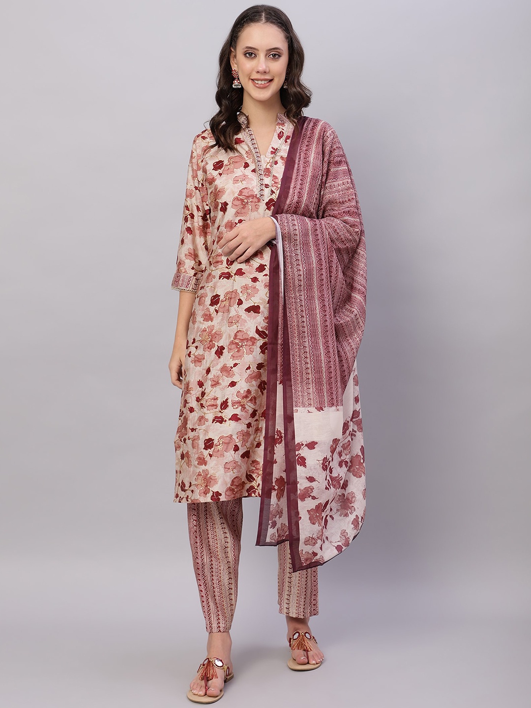 

FLAMBOYANT Floral Printed Chanderi Silk Straight Kurta & Trouser With Dupatta, Beige