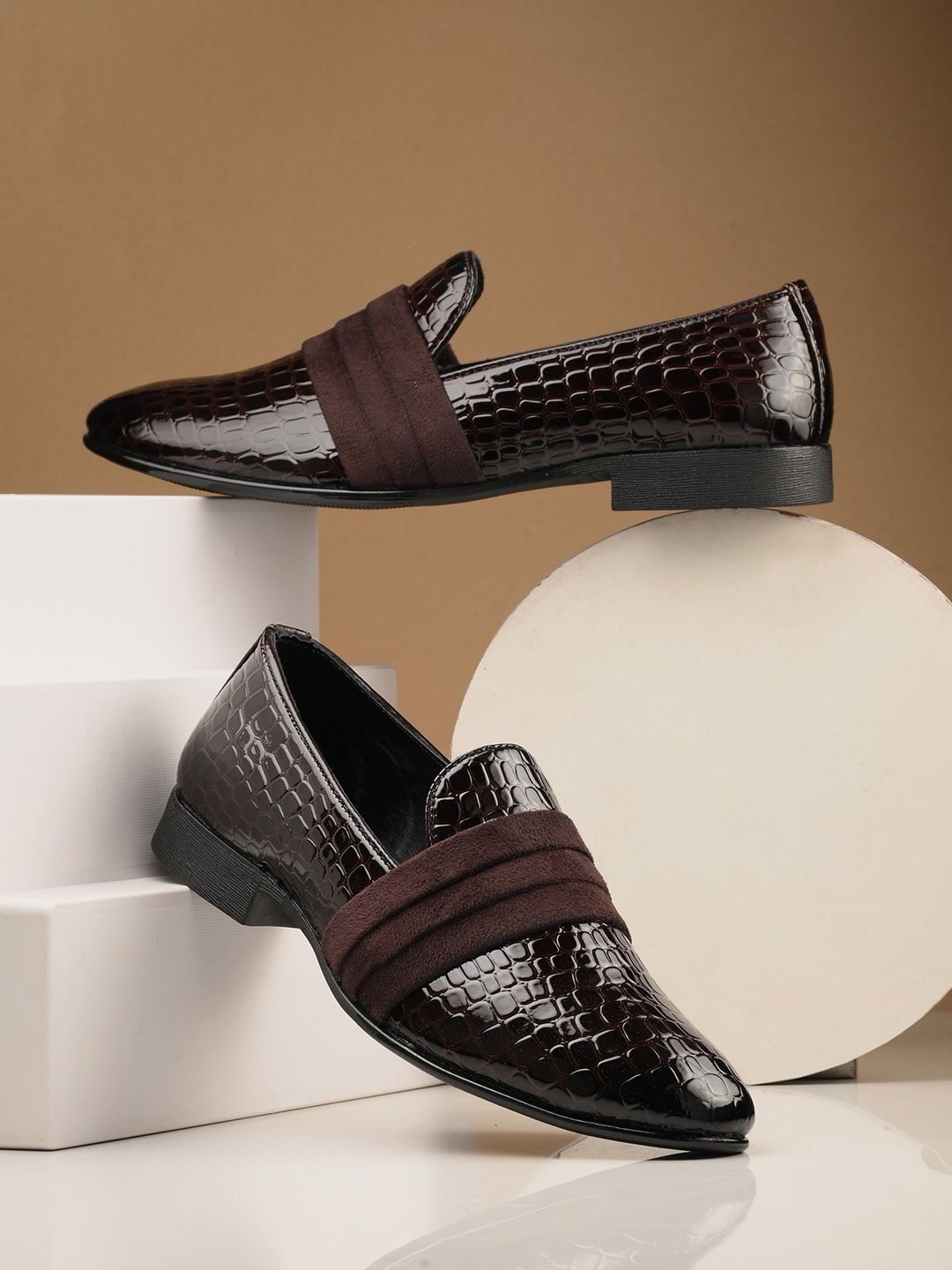 

House of Pataudi Men Textured Round Toe Slip-On Formal Loafers, Brown