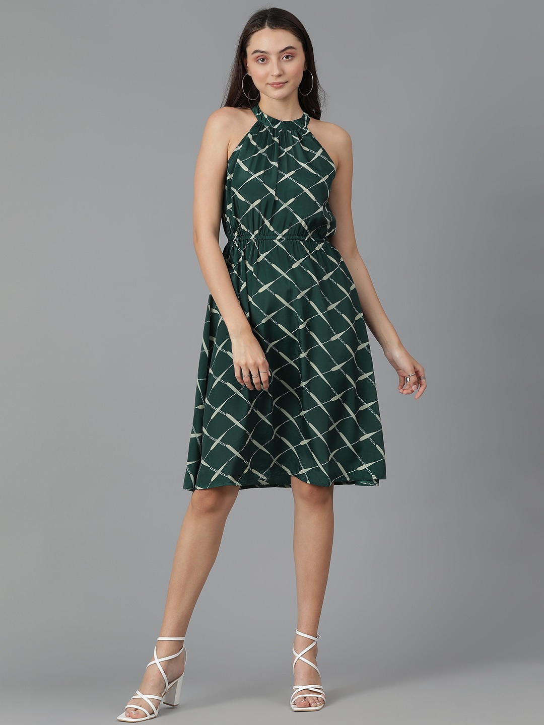 

Kotty Geometric Printed High Neck Sleeveless A-Line Dress, Green