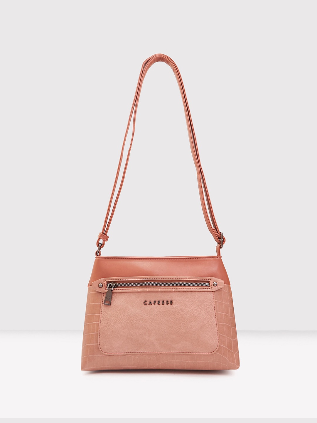 

Caprese Textured Zip Detail PU Structured Sling Bag, Pink