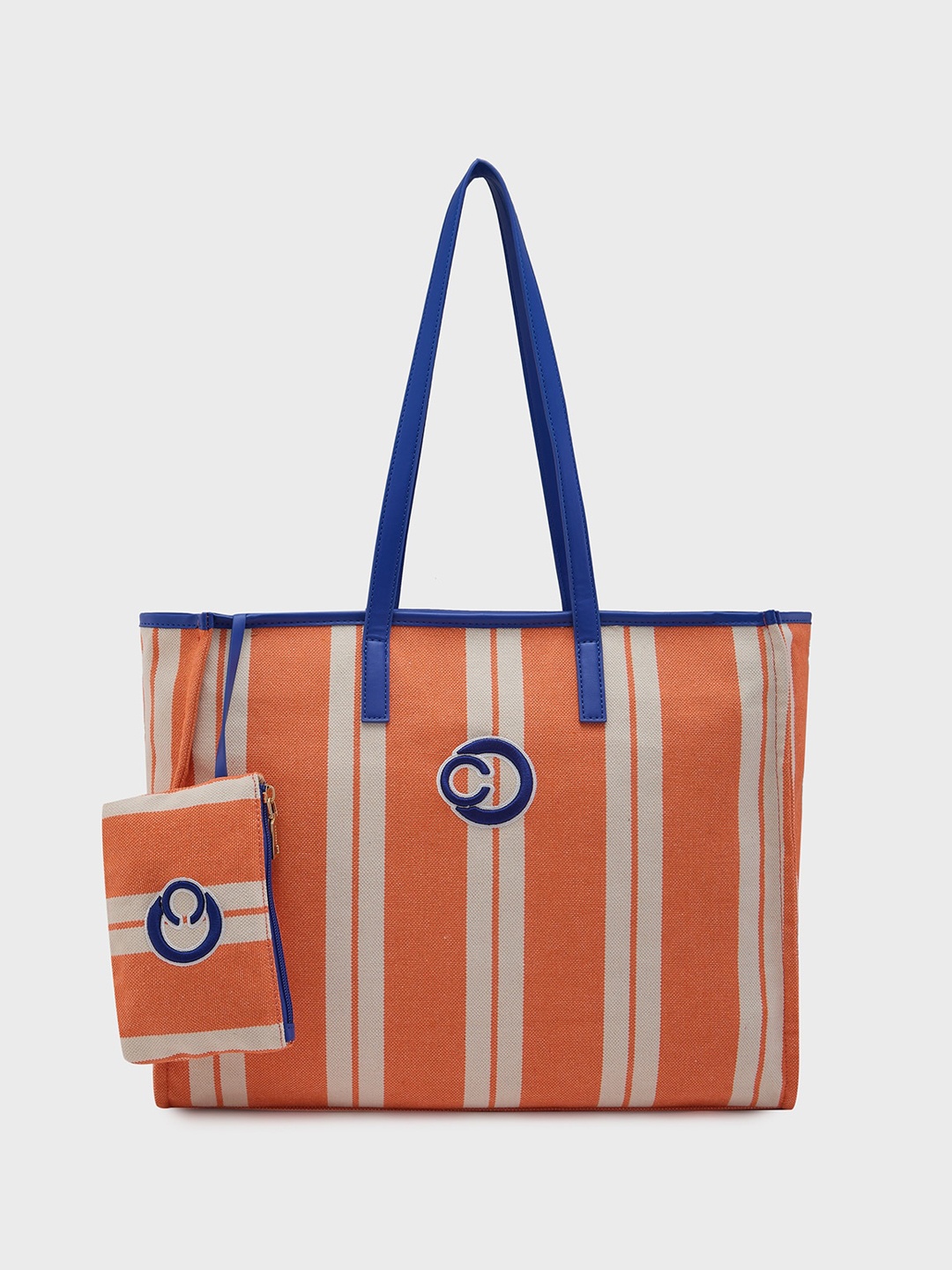 Caprese Striped Structured Canvas Tote Bag with Pouch, Orange