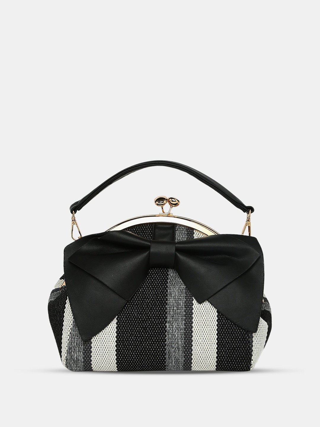 

Caprese Striped Structured Cotton Handheld Bag with Bow Detail, Black