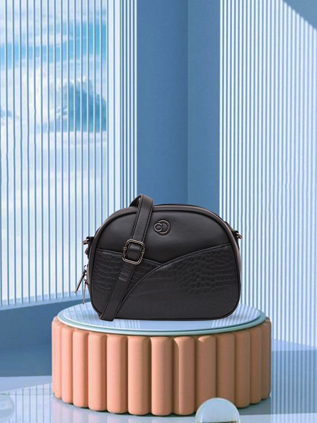 

Caprese Textured PU Structured Sling Bag, Black