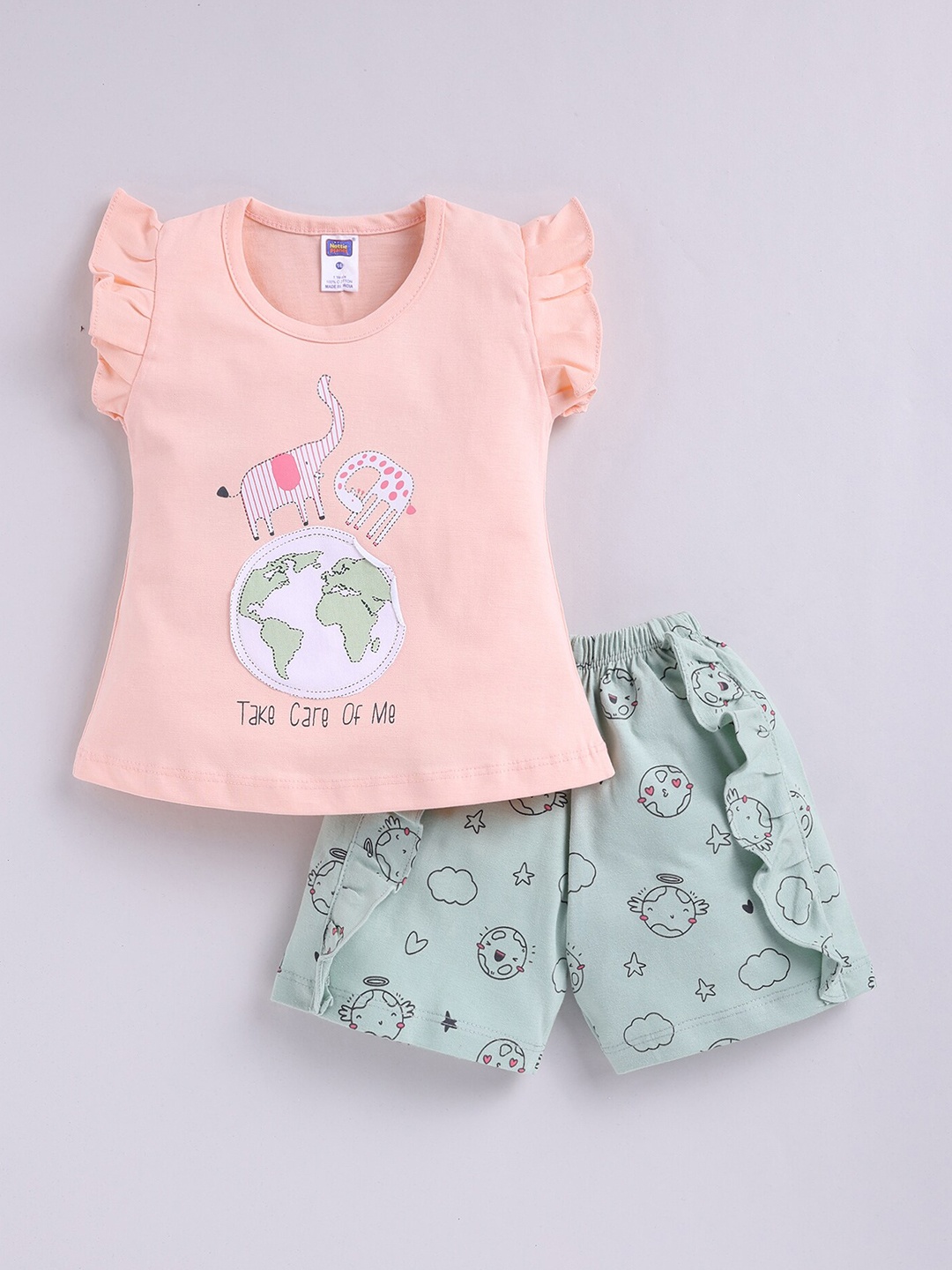 

Nottie Planet Girls Printed Pure Cotton Top with Shorts, Peach