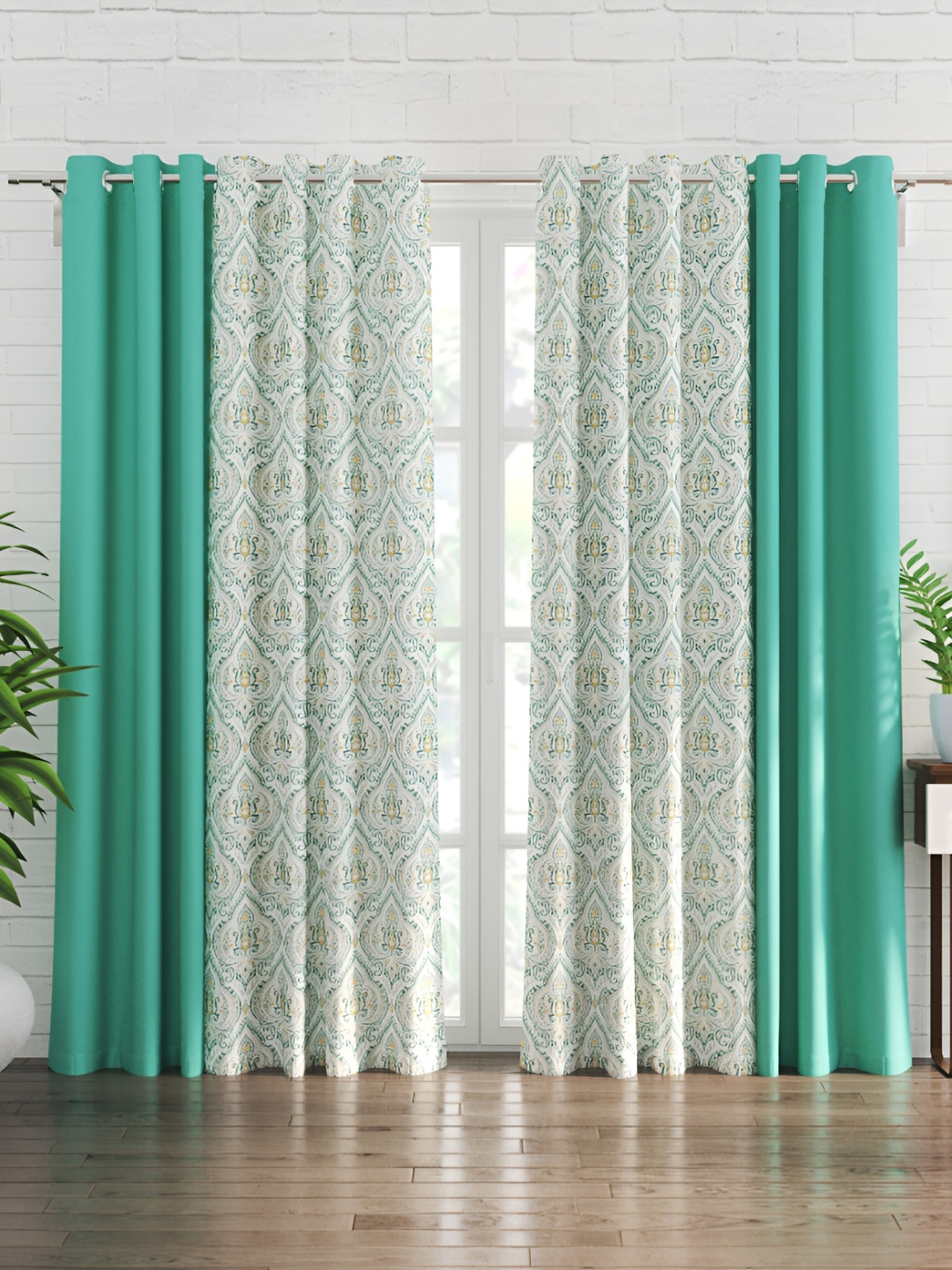 Home Centre Teal & White 4 Pieces Ethnic Motifs Sheer Door Curtain