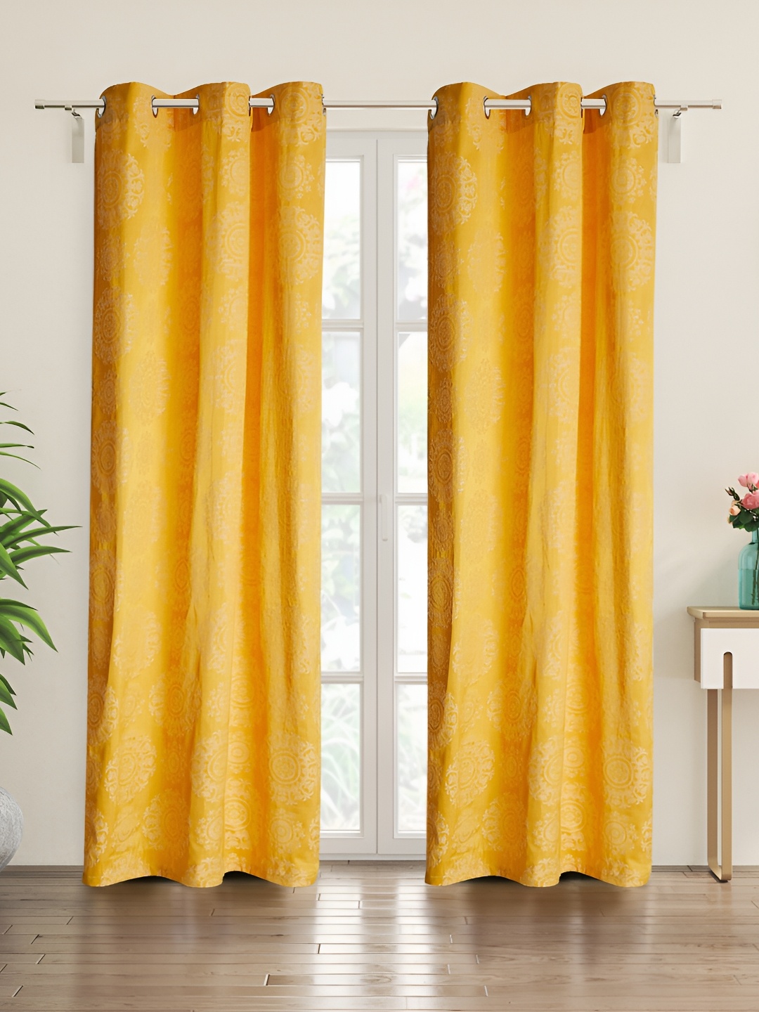 Home Centre Yellow & Off White 2 Pieces Ethnic Motifs Door Curtain