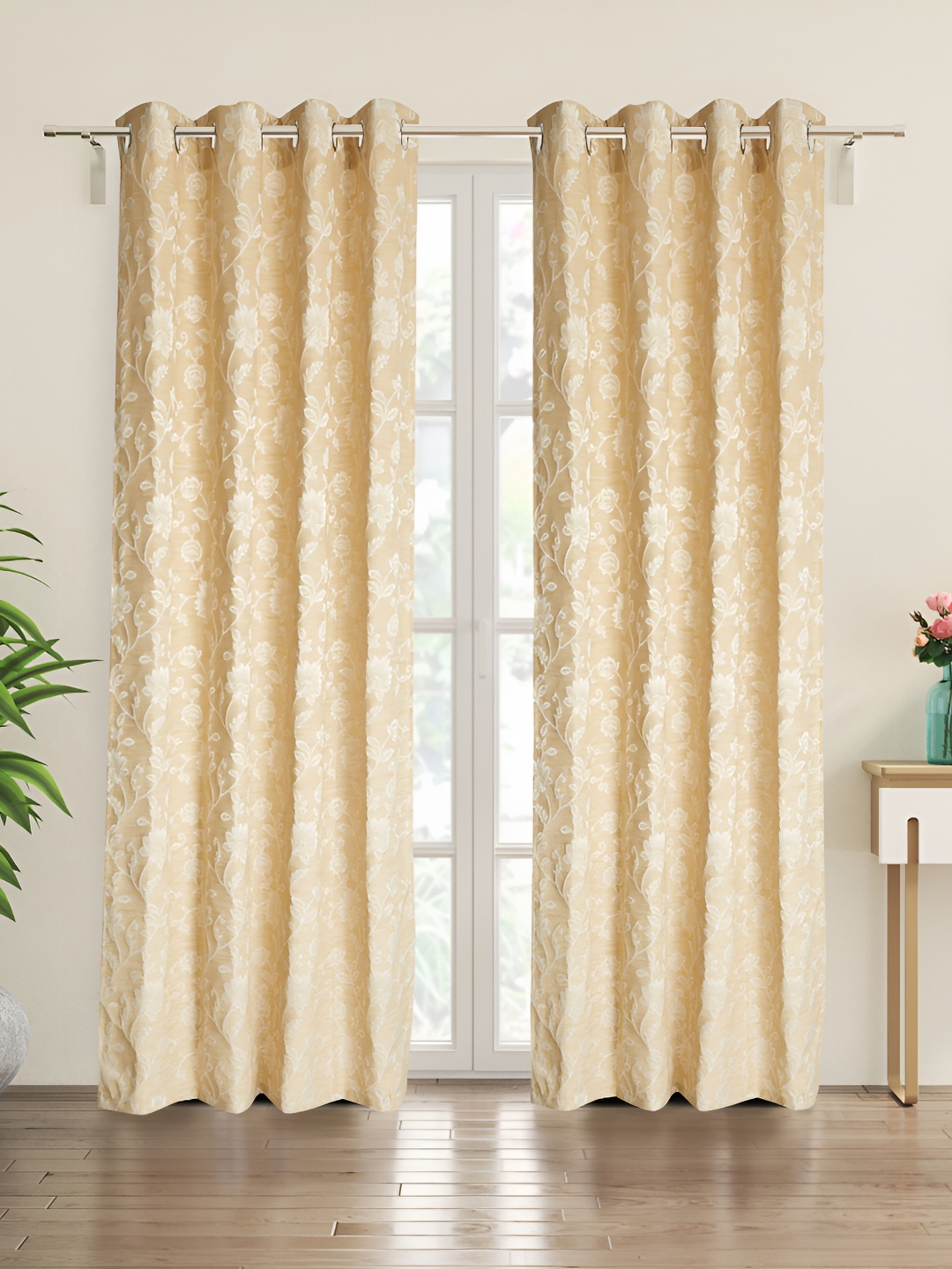 Home Centre Beige & White 2 Pieces Floral Room Darkening Door Curtain