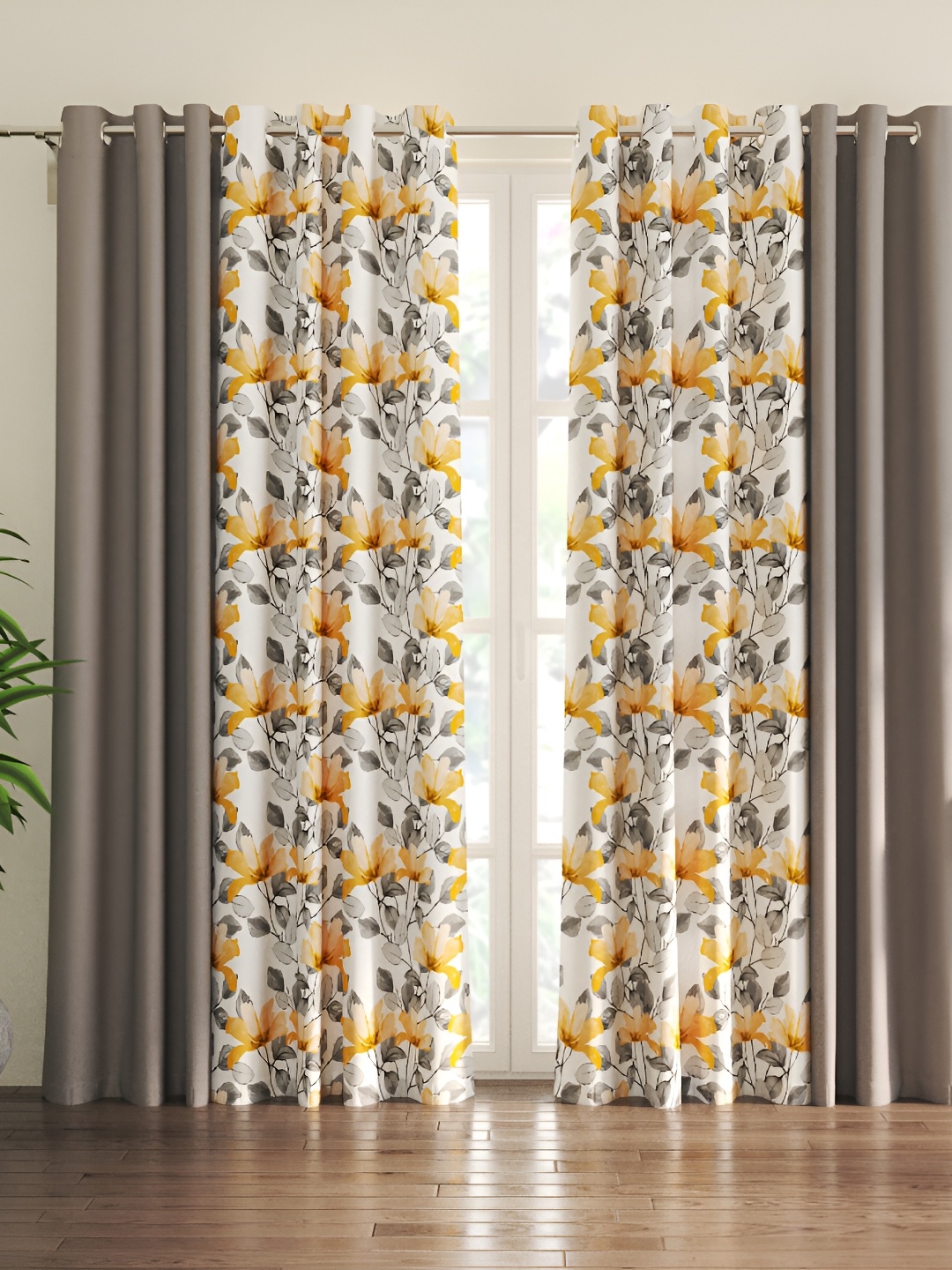 

Home Centre Grey & White 4 Pieces Floral Sheer Door Curtain
