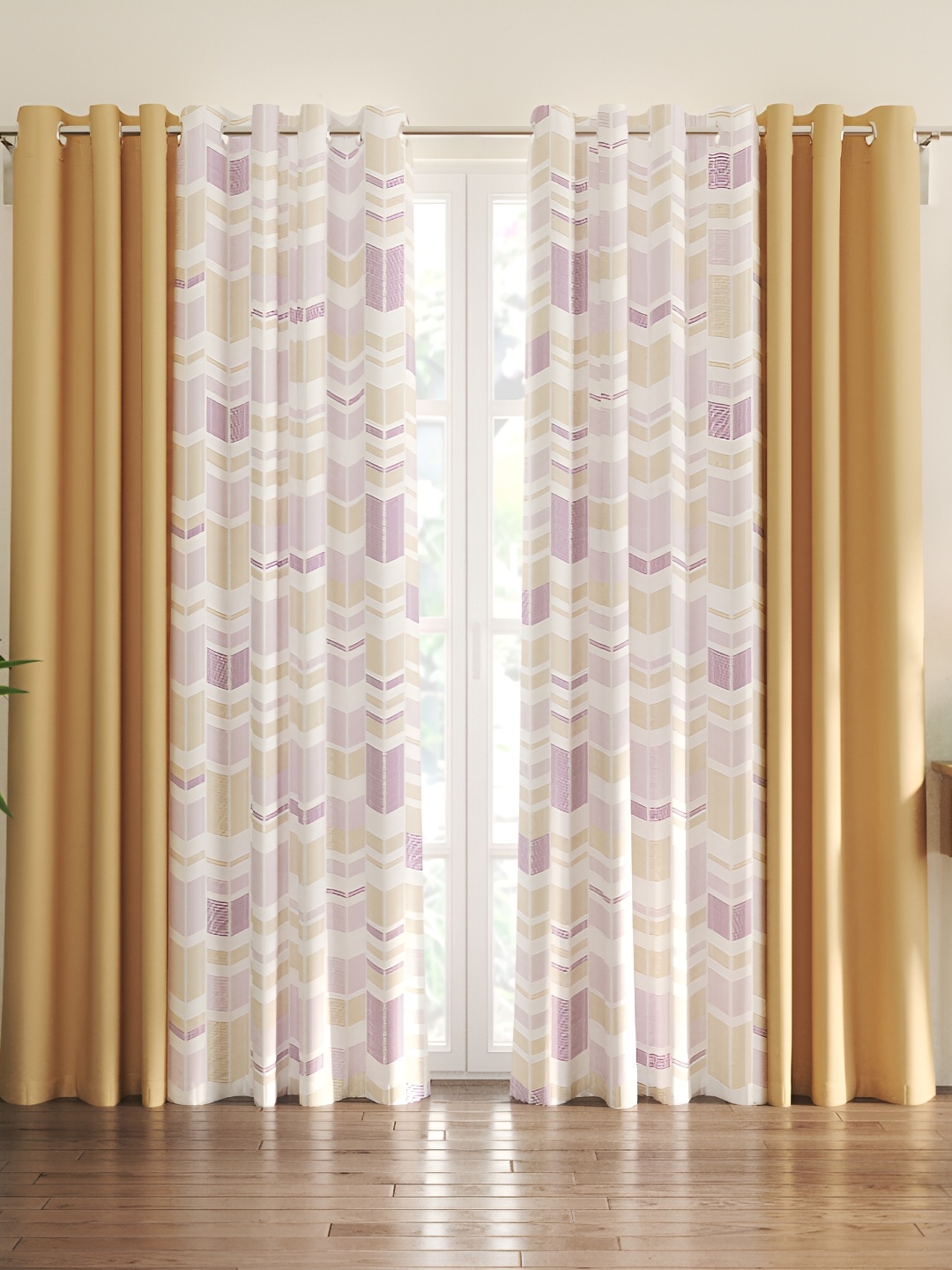 

Home Centre Beige & Purple 4 Pieces Geometric Sheer Door Curtain