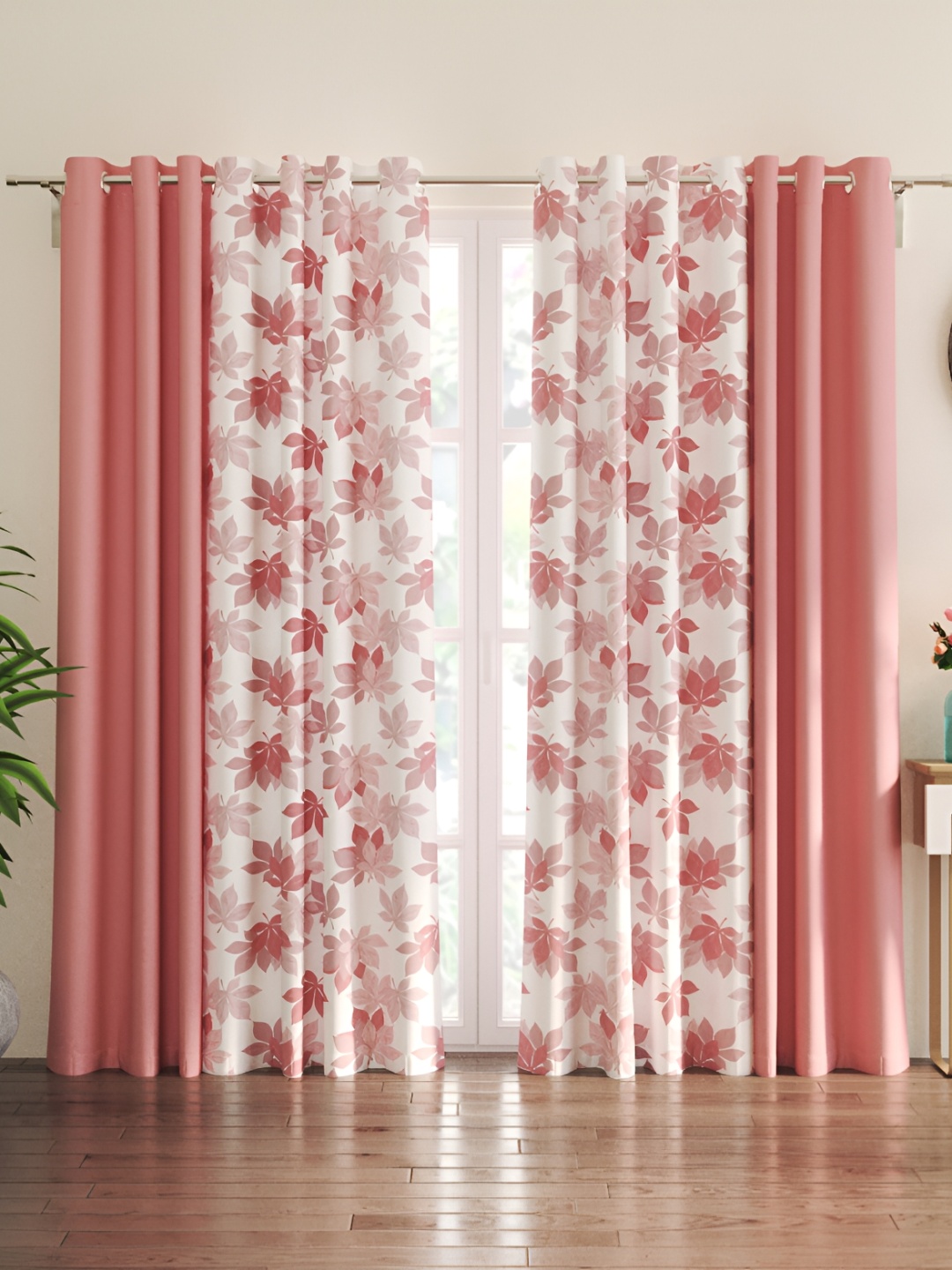 

Home Centre Peach & White 4 Pieces Floral Sheer Door Curtain