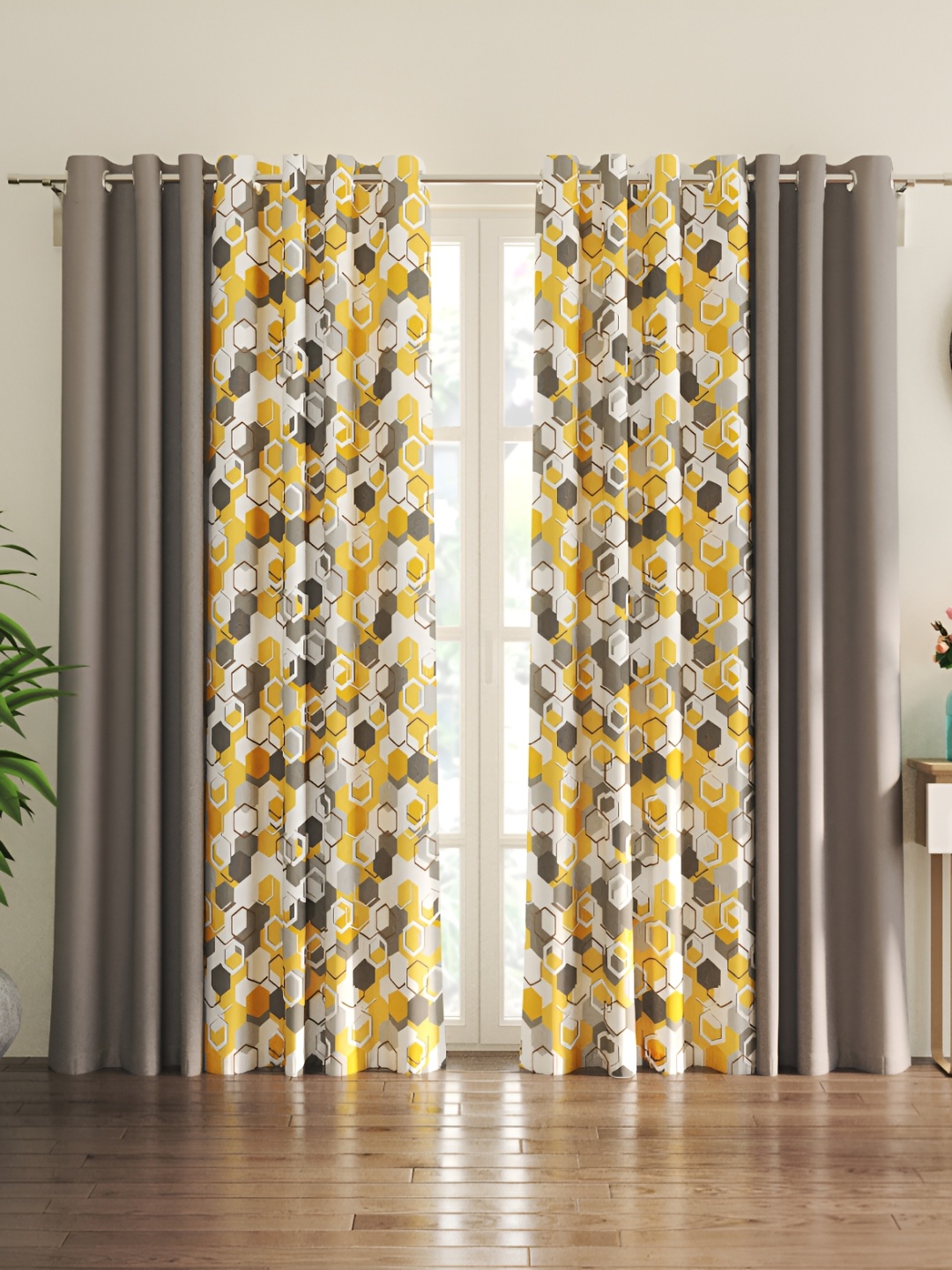 

Home Centre Grey & White 4 Pieces Geometric Sheer Door Curtain
