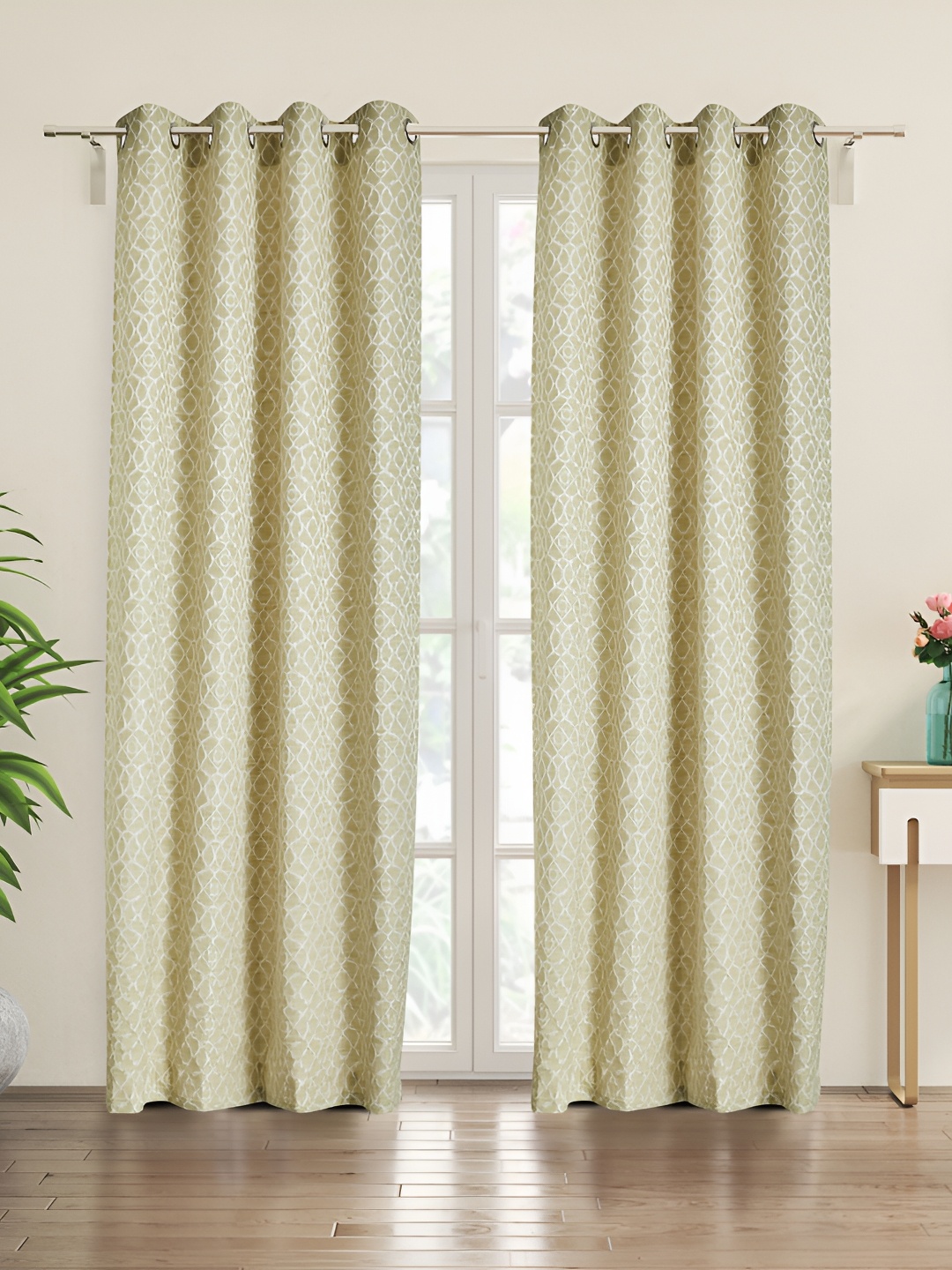 

Home Centre Green & Off White 2 Pieces Ethnic Motifs Room Darkening Door Curtain