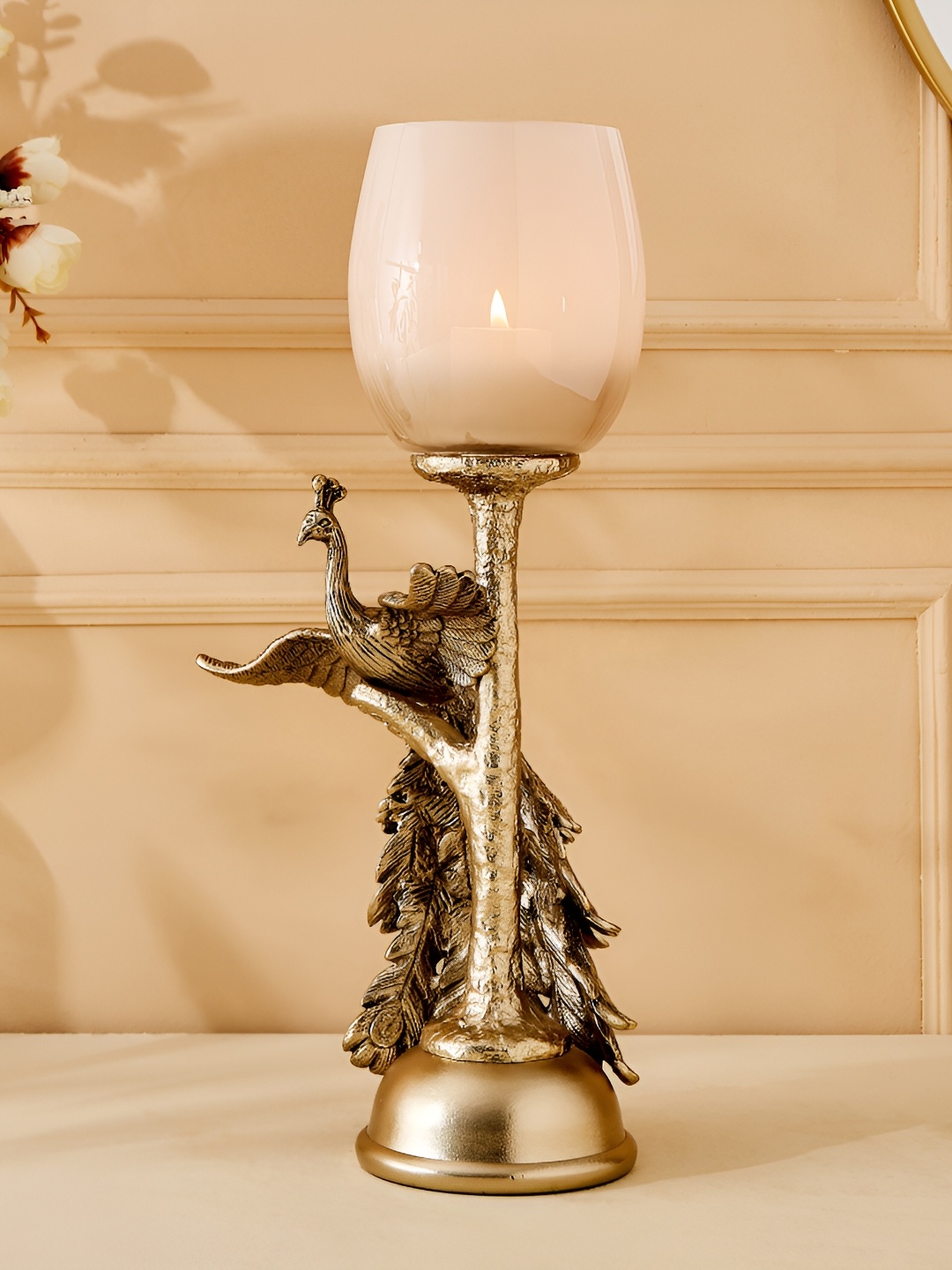 

Home Centre Gold-Toned & White Eternity Vivere Glass Peacock Candle Holder