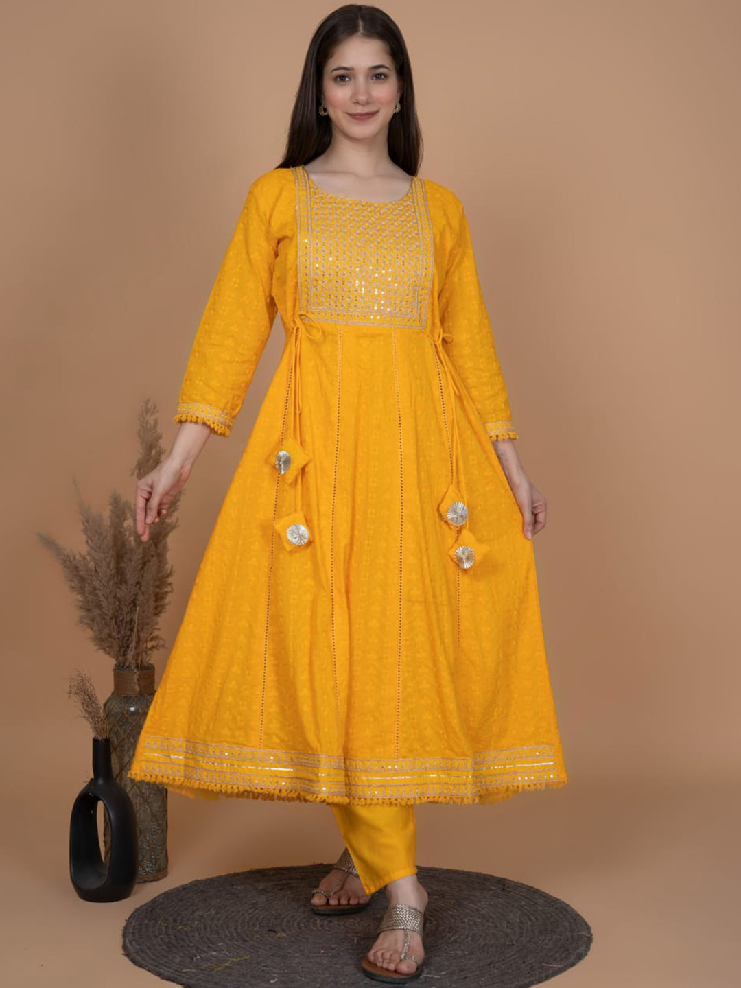 

PARTHVI Floral Printed Regular Silk Chiffon Empire Kurta With Palazzos & Dupatta, Yellow