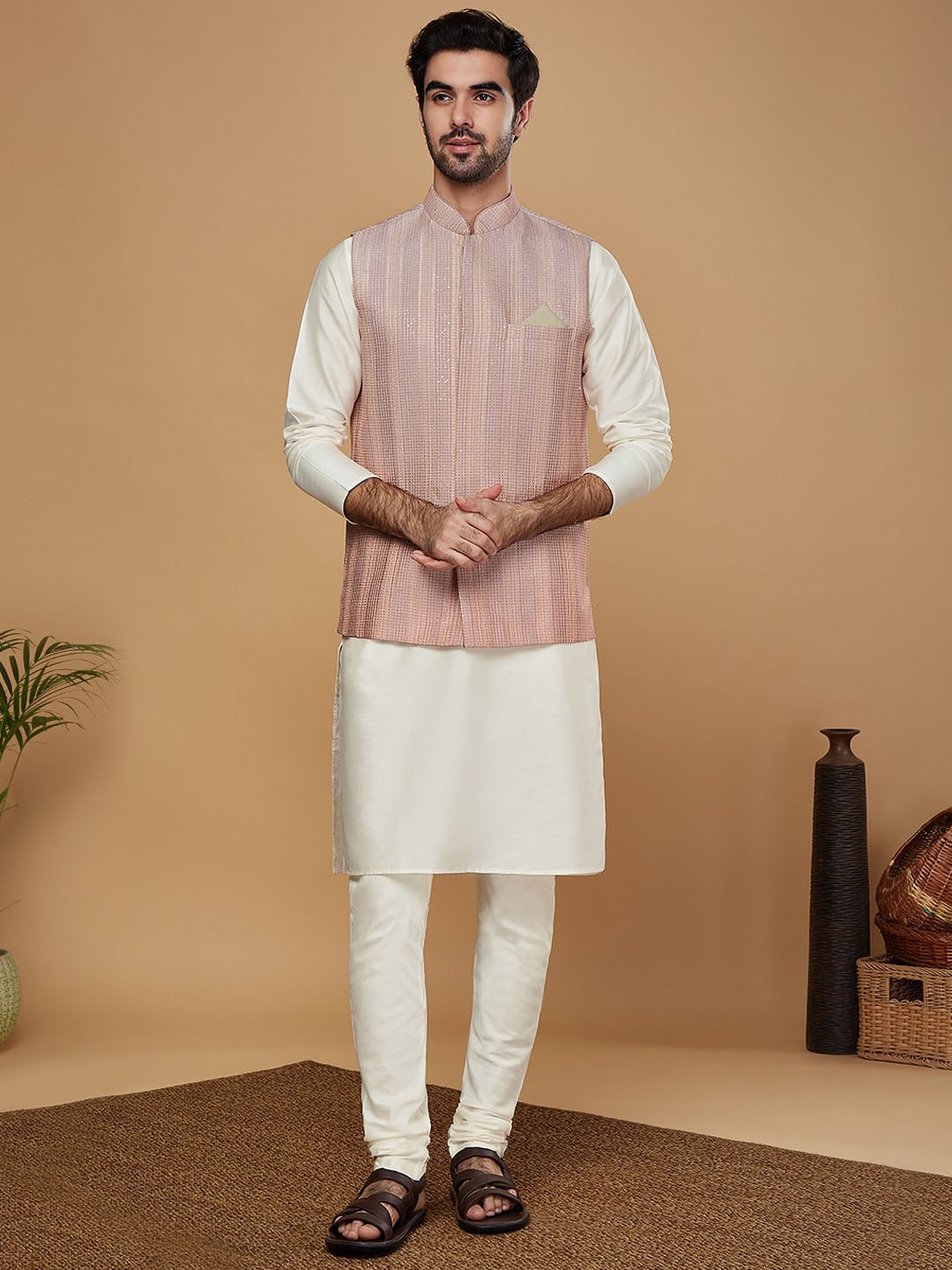 

KISAH Straight Regular Kurta with Churidar & Nehru Jacket, Beige