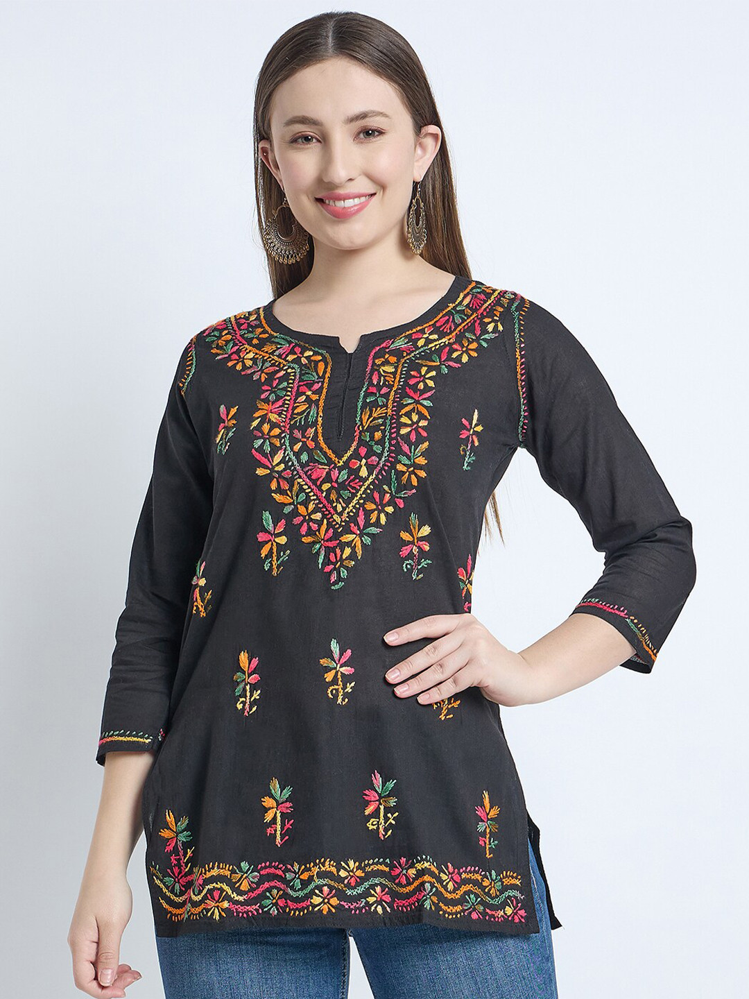 

TULIP 21 Floral Embroidered Chikankari Pure Cotton Kurti, Black