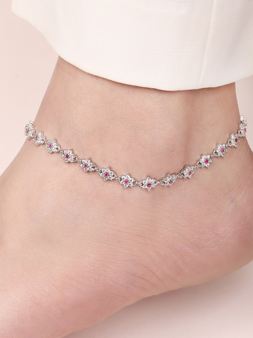 

Zavya Rhodium-Plated 925 Pure Silver Stones Studded Anklet