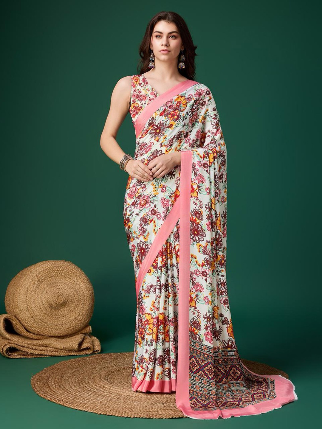 

P D Silk Mills Floral Printed Pure Crepe Saree, White