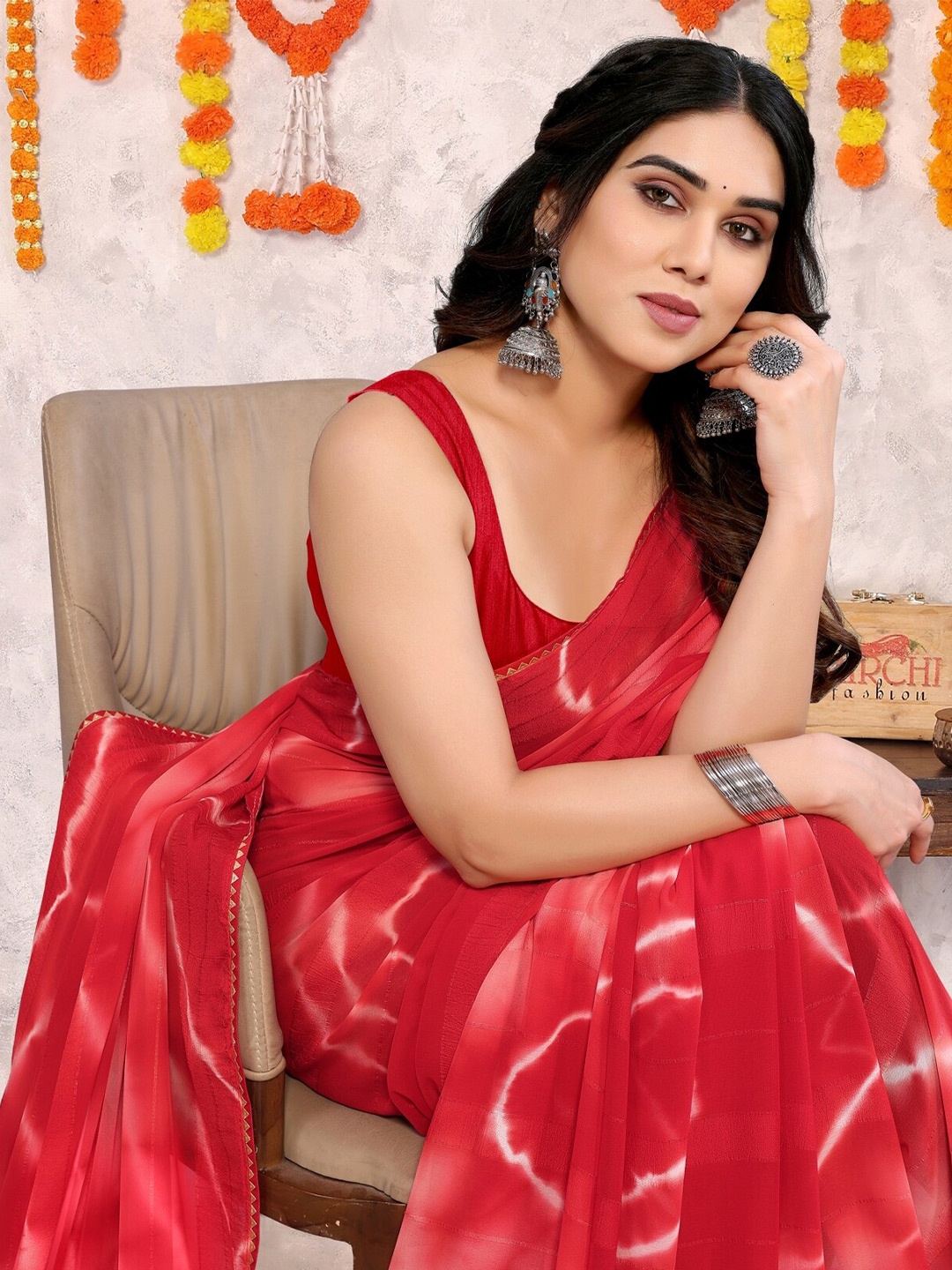 

MIRCHI FASHION Tie and Dye Gotta Patti Designer Saree, Red