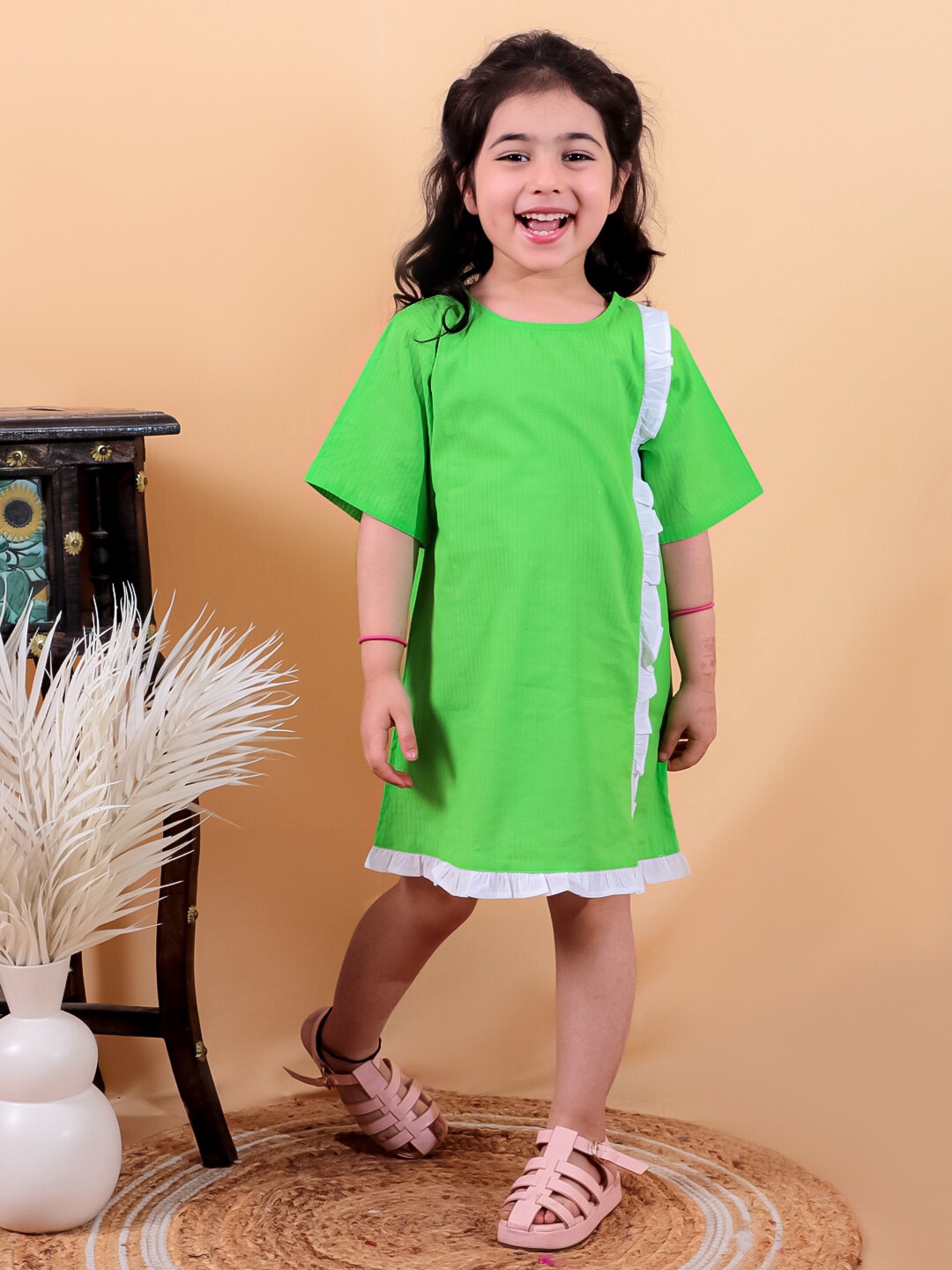 

JUNITOS Girls Round Neck Short Sleeves Cotton A-Line Dress, Green