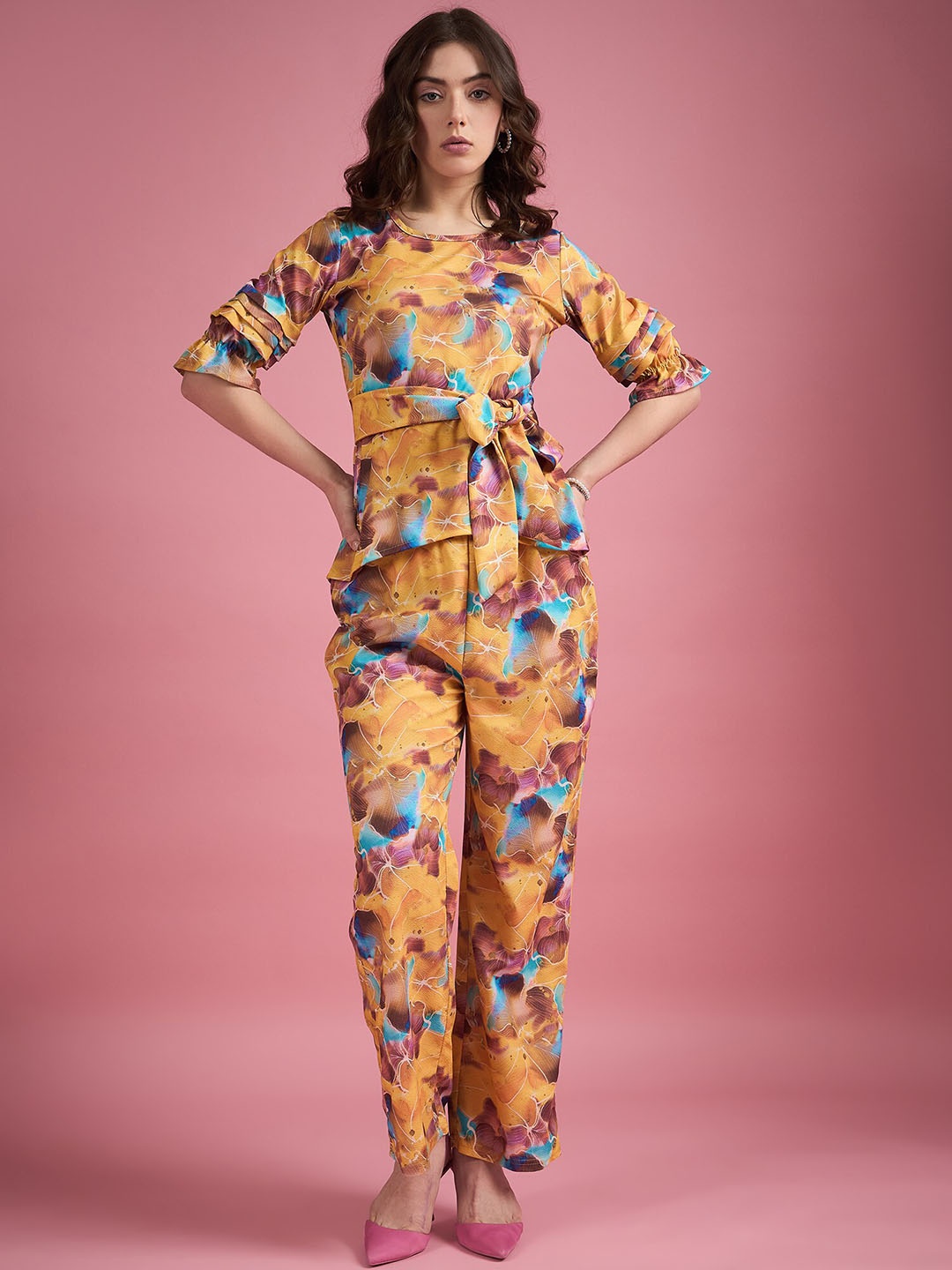 

DressBerry Mustard Yellow Floral Printed Tie Up Top With Trouser