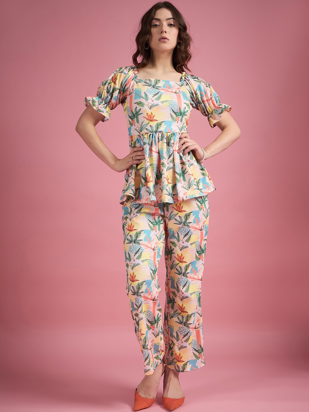DressBerry Yellow Tropical Printed Tunic With Trouser