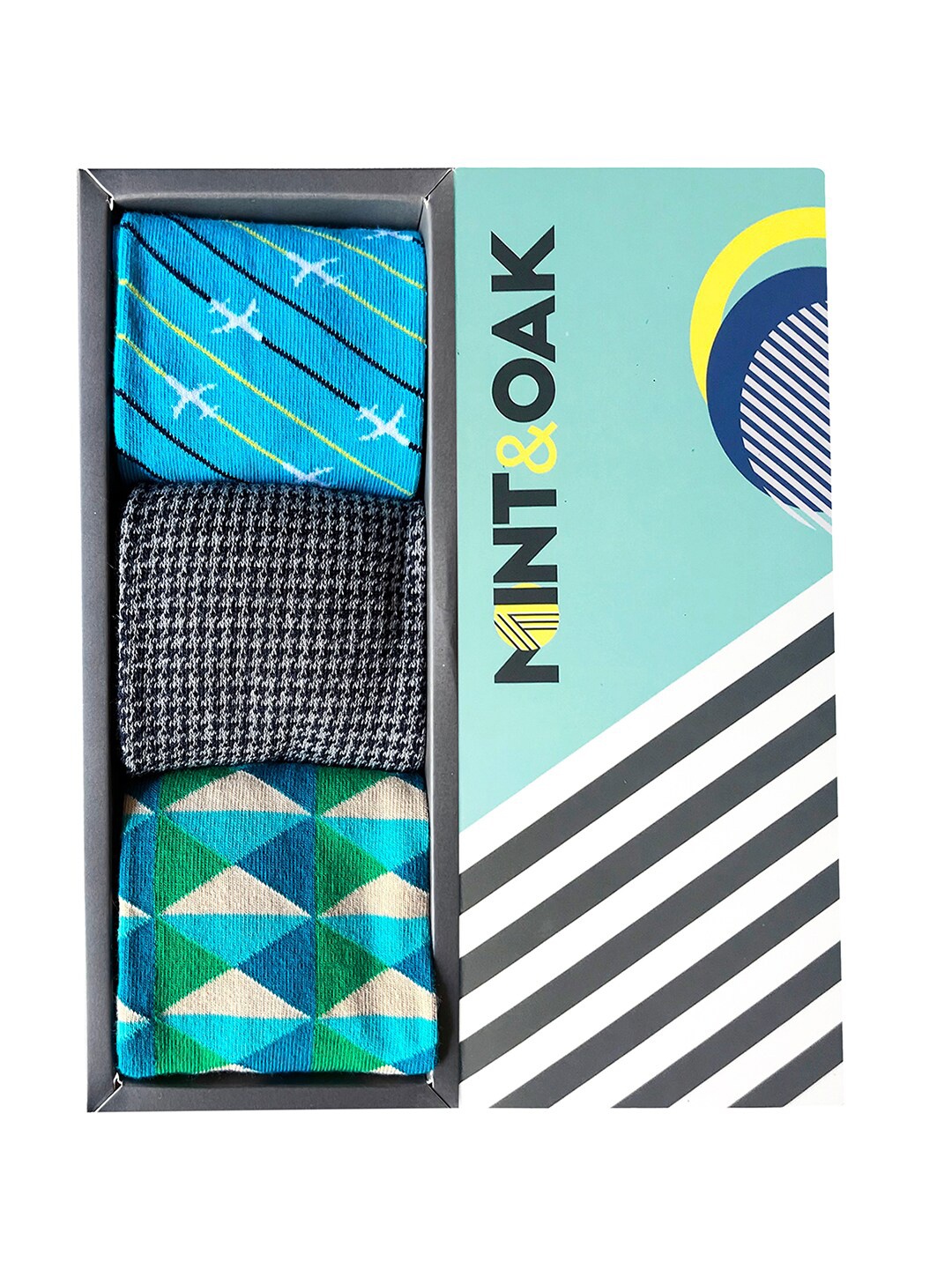 

Mint & Oak Men Pack Of 3 Patterned Ankle Length Socks, Blue