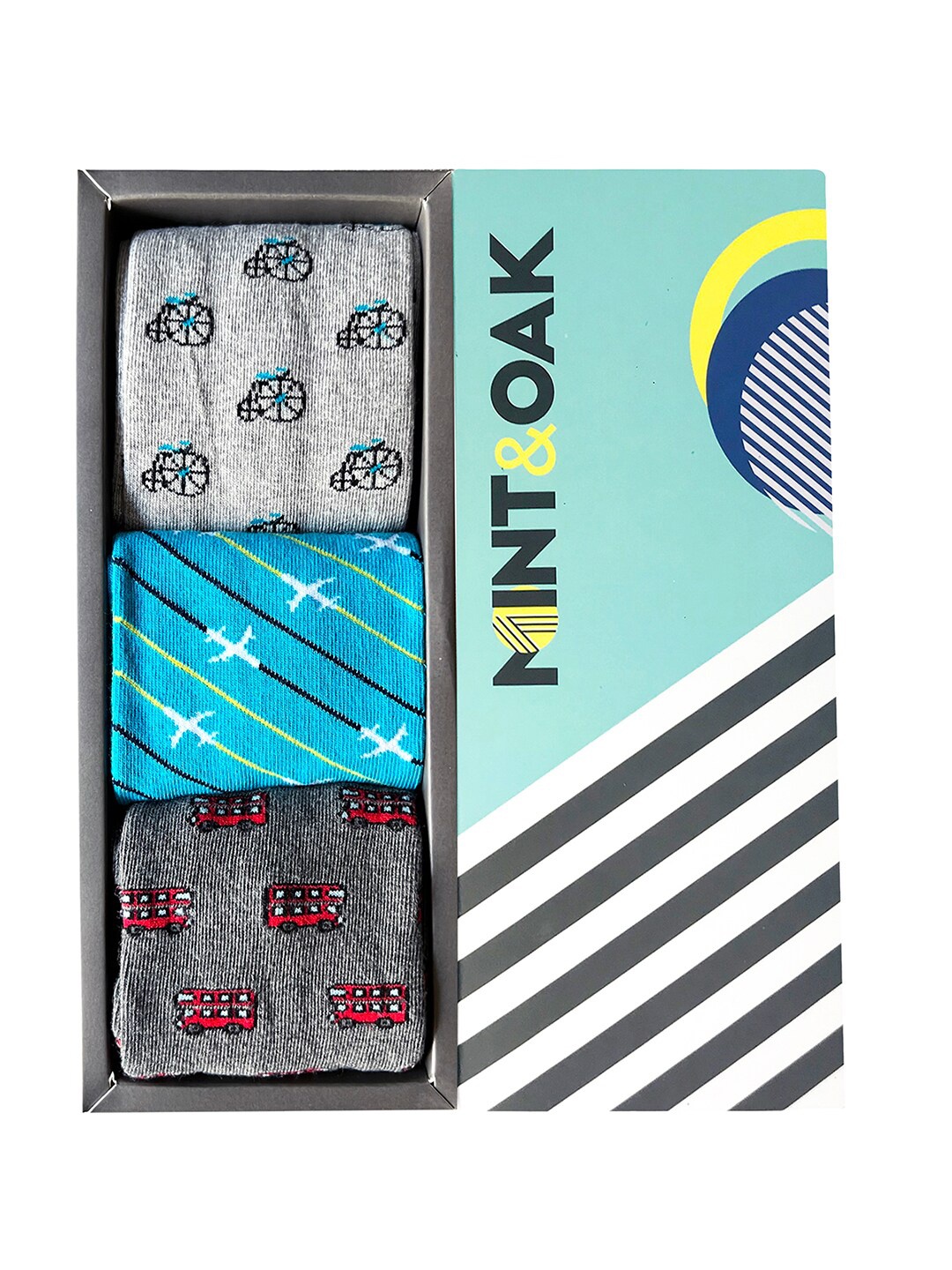

Mint & Oak Men Pack Of 3 Patterned Anti Bacterial and Breathable Calf Length Socks, Grey