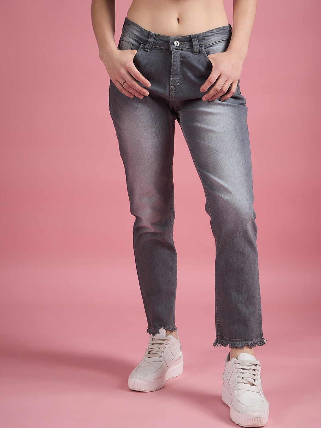 

DressBerry Women Classic High-Rise Clean Look Heavy Fade Cotton Jeans, Grey