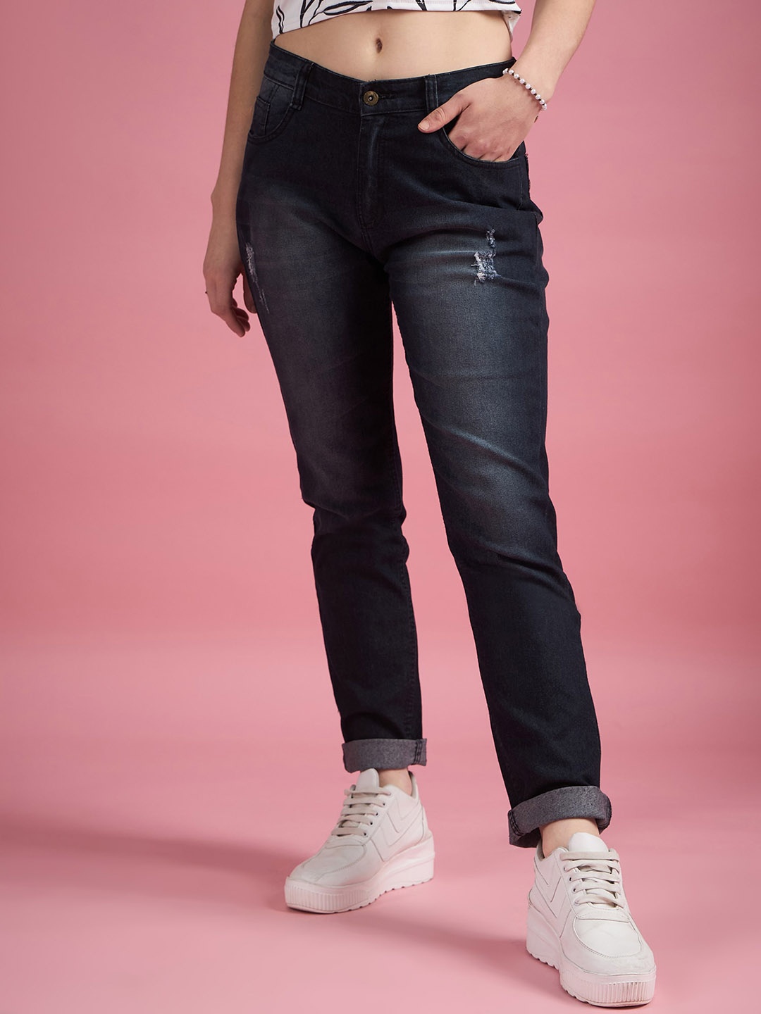 

DressBerry Women Classic High-Rise Low Distress Light Fade Cotton Jeans, Black