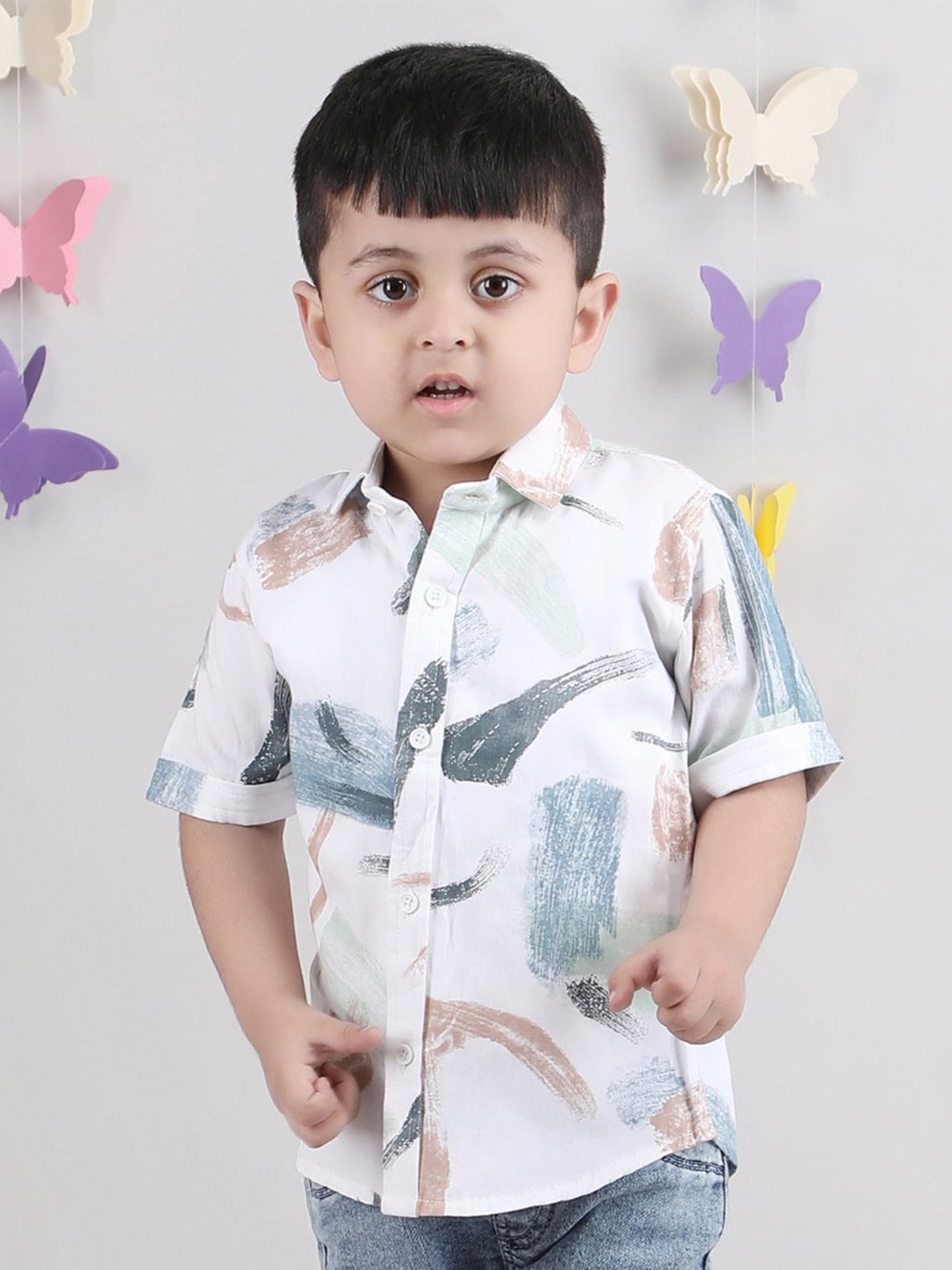 

Polka Tots Boys Modern Abstract Printed Opaque Cotton Casual Shirt, White