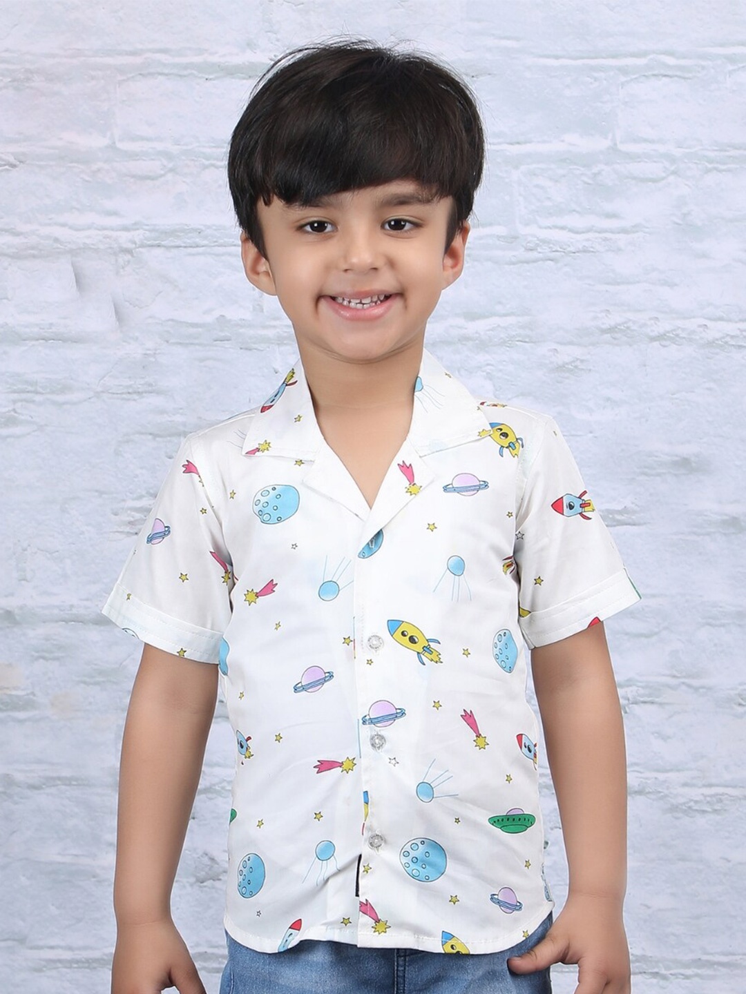 

Polka Tots Boys Modern Conversational Printed Opaque Cotton Casual Shirt, White