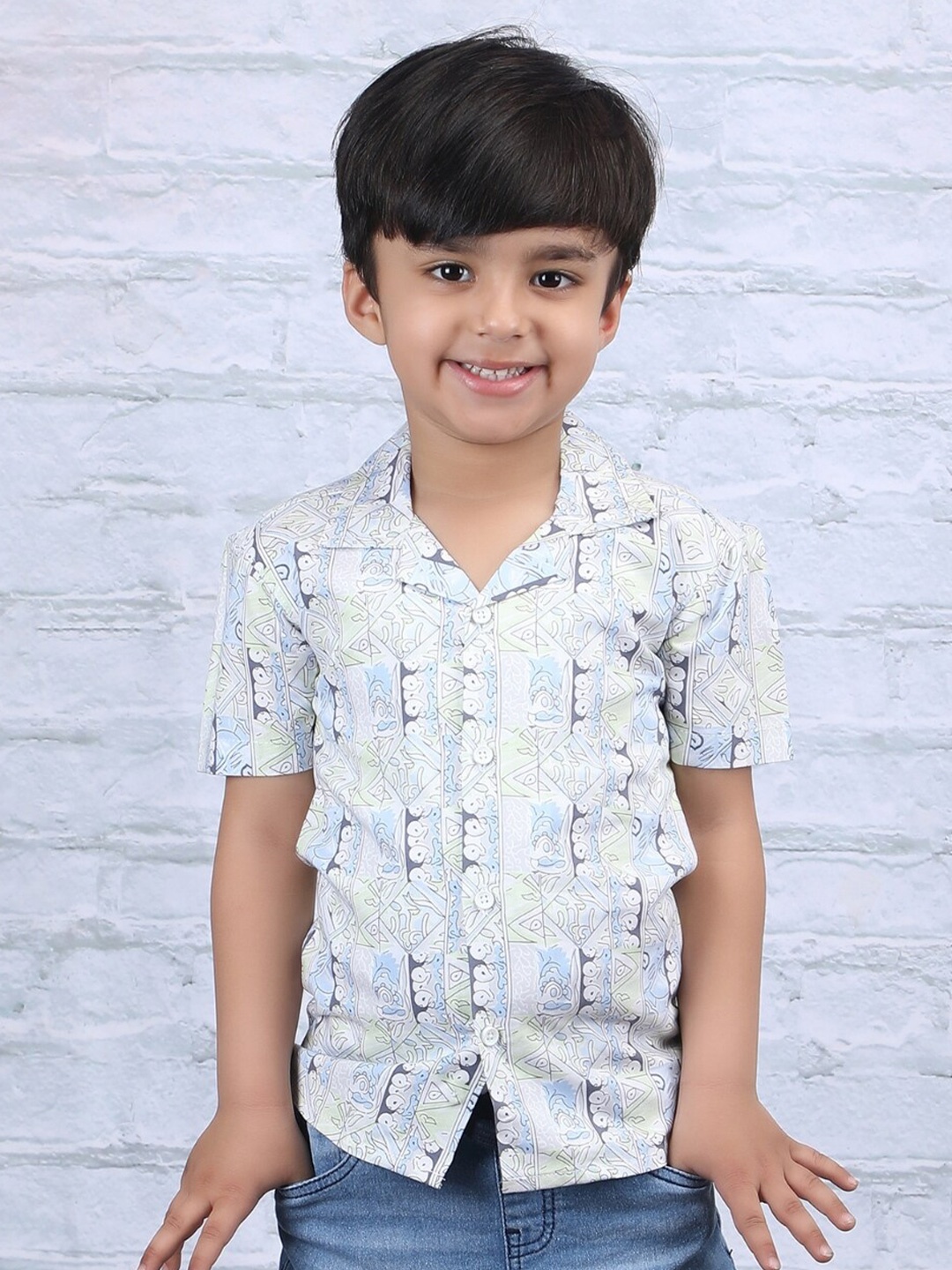 

Polka Tots Boys Modern Abstract Printed Opaque Cotton Casual Shirt, Blue