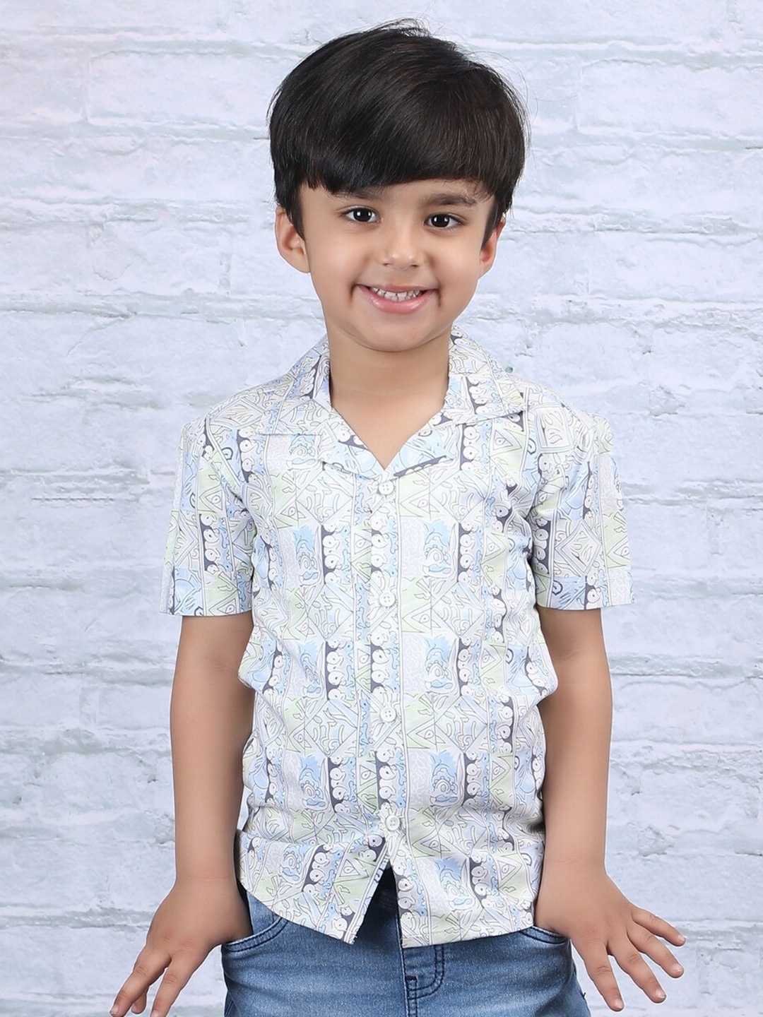 

Polka Tots Boys Modern Abstract Printed Opaque Cotton Casual Shirt, Blue