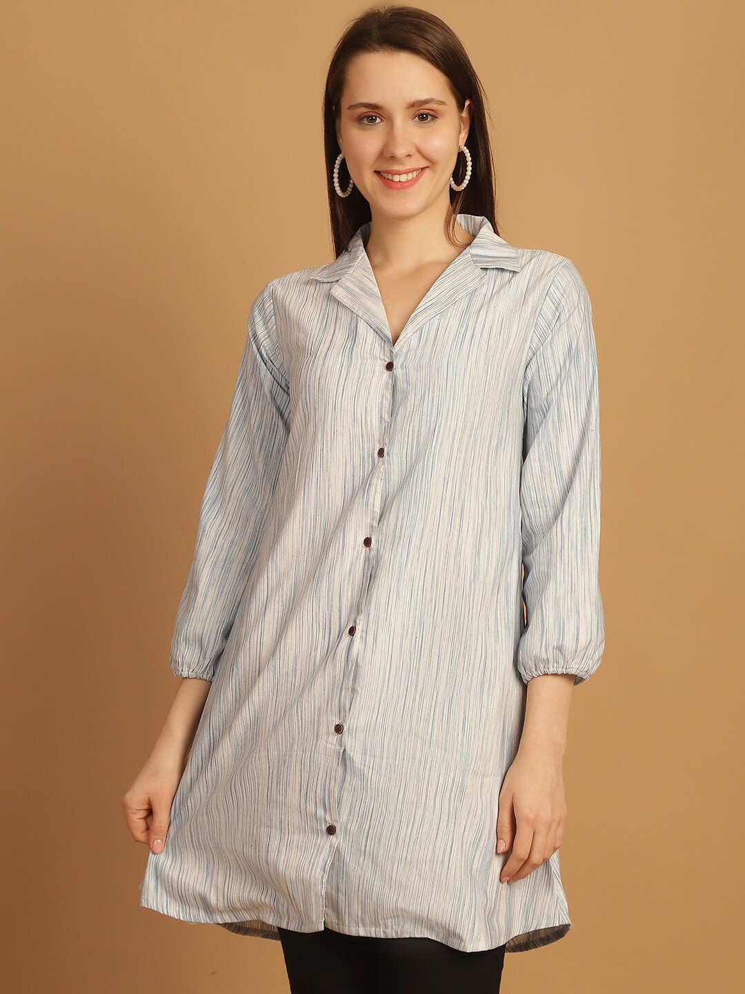 

Aarsha Striped Lapel Collar Puff Sleeves Opaque Cotton Longline Casual Shirt, Blue
