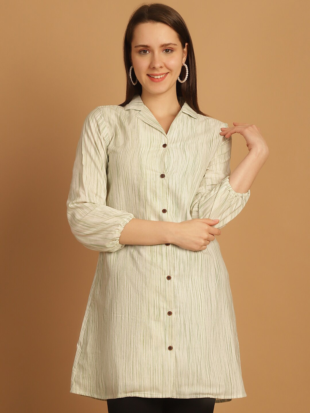 

Aarsha Women Striped Shirt Collar Cuffed Sleeves Shirt Style Shirt, Green