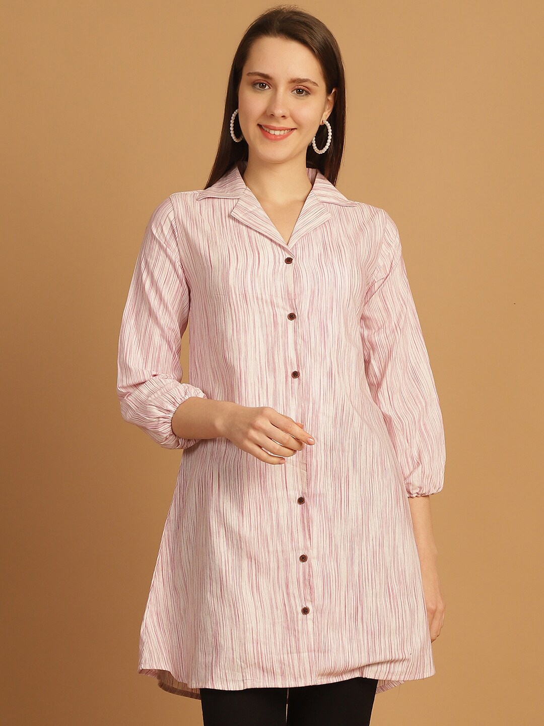 

Aarsha Striped Lapel Collar Puff Sleeves Opaque Cotton Longline Casual Shirt, Pink