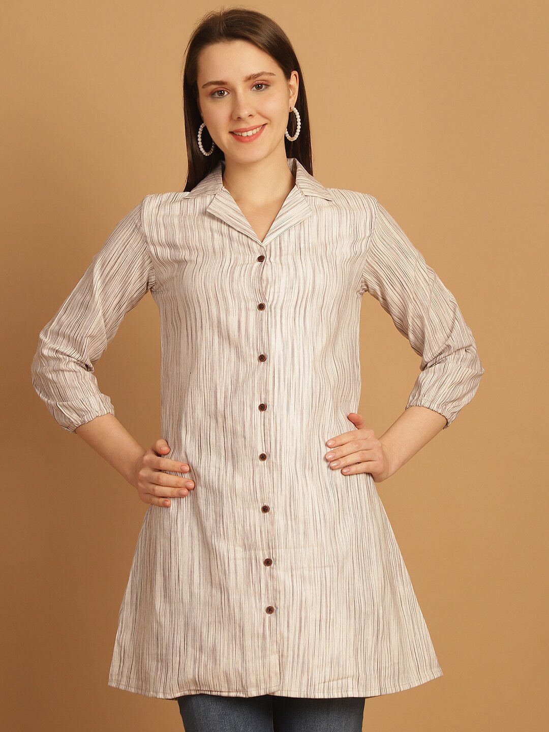 

Aarsha Striped Lapel Collar Puff Sleeves Opaque Cotton Longline Casual Shirt, Beige